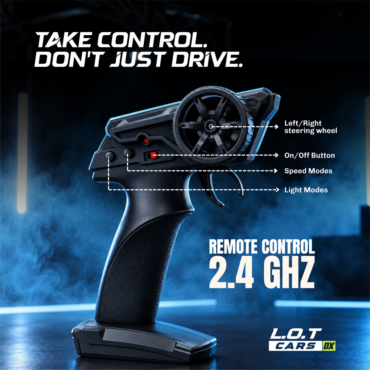 Bhoot's 2.4GHz pistol-grip remote with labelled controls: steering wheel, on/off button, speed modes and light modes