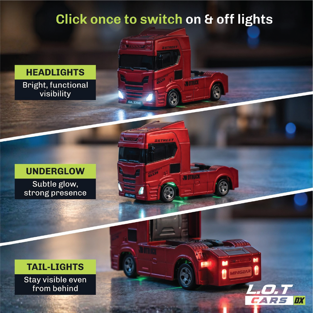 Lighting panel for Mac in red: bright headlights, underglow beneath the cab and tail-lights visible from behind