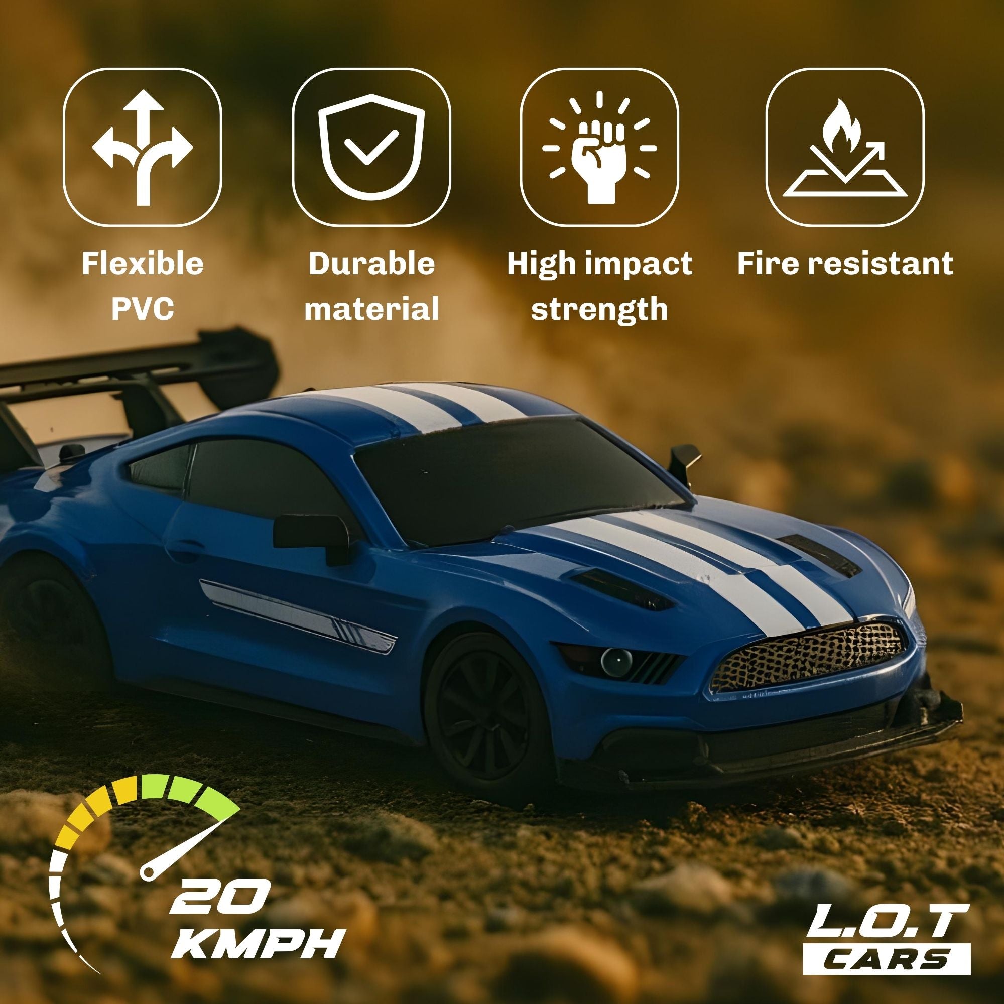 Blue RC toy car with features listed on a blurred natural background