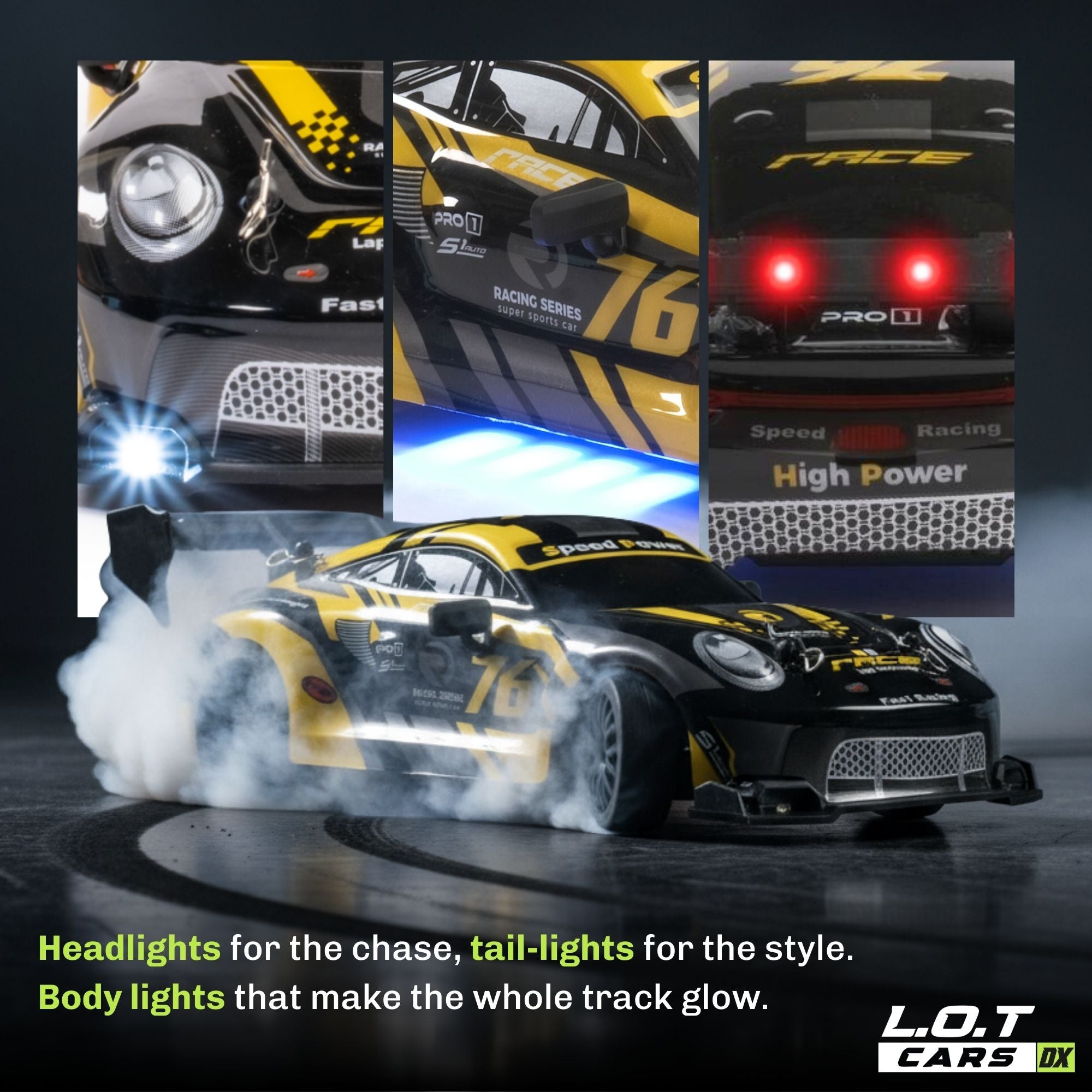 Promotional image of a racing car with various light components, featuring the brand 'L.O.T Cars'.
