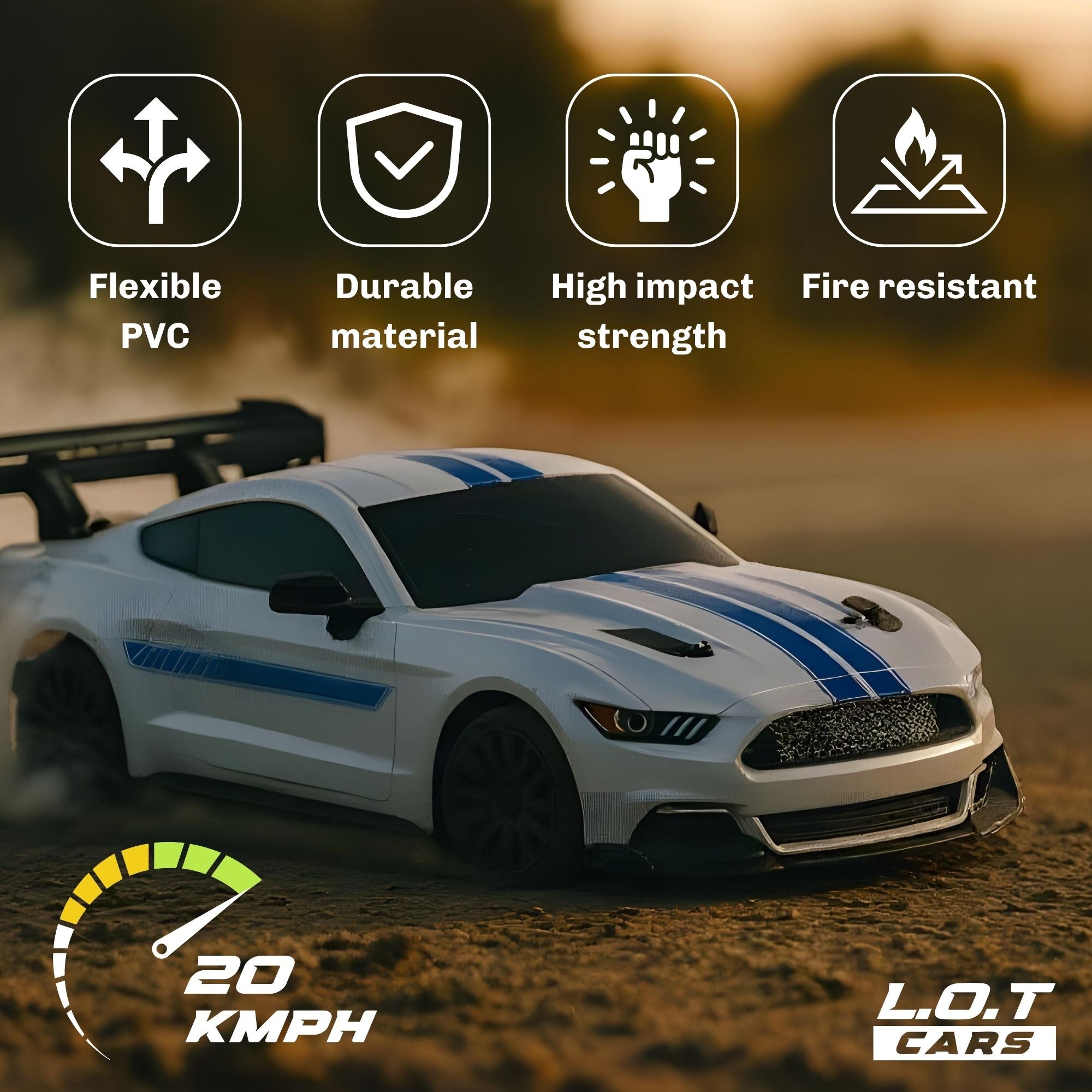 White model RC car with Top speed of 20kmph and features mentioned in the background