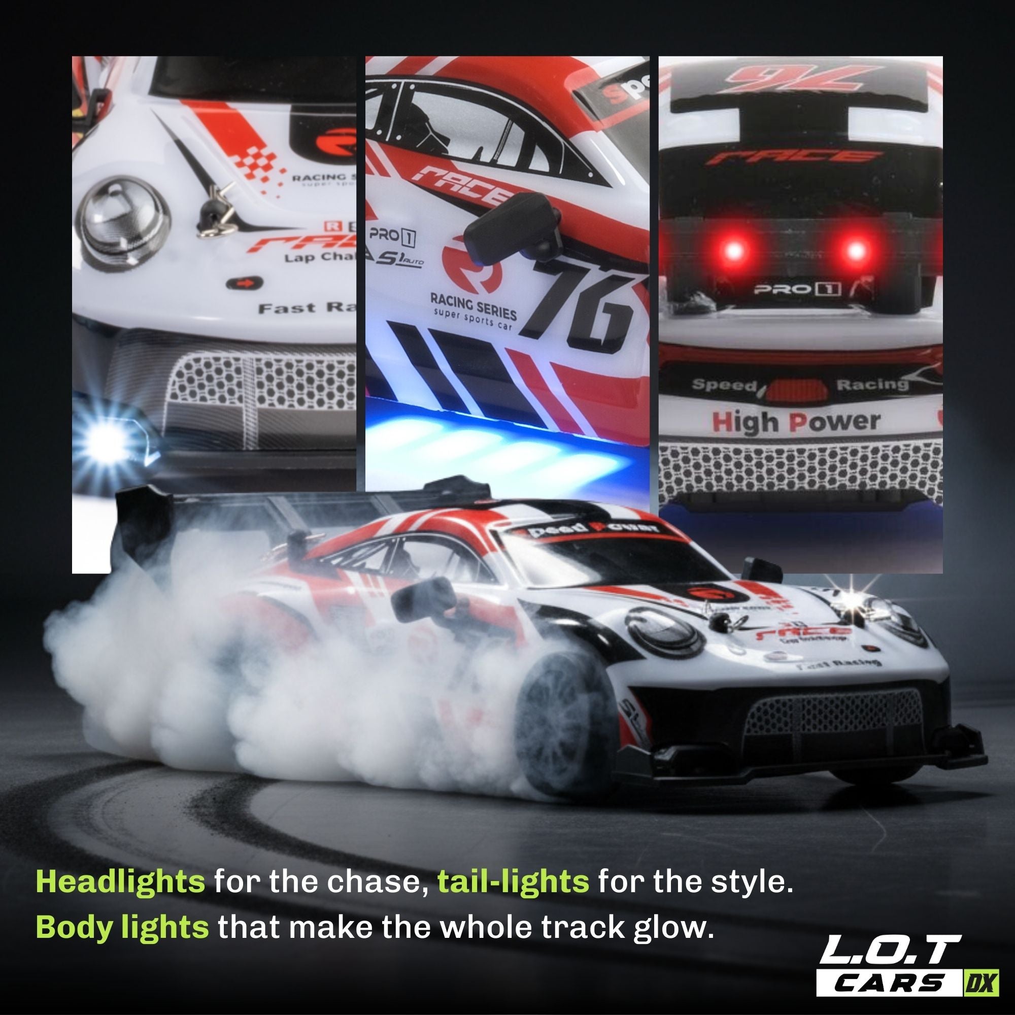 RC Racing car with various light components on a dark background, featuring the L.O.T Cars brand.