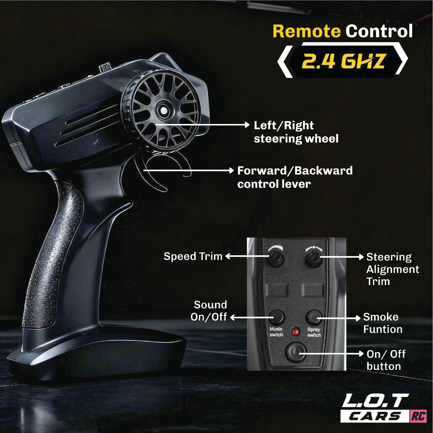Remote control with labeled controls on a black background, featuring L.O.T Cars branding.