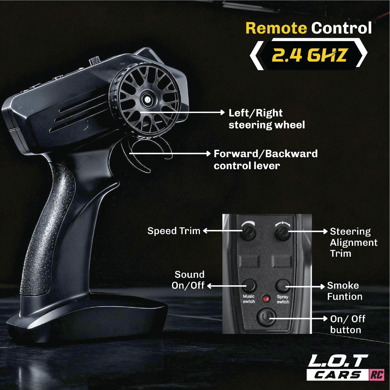 Remote control with labeled controls on a black background, featuring L.O.T Cars branding.