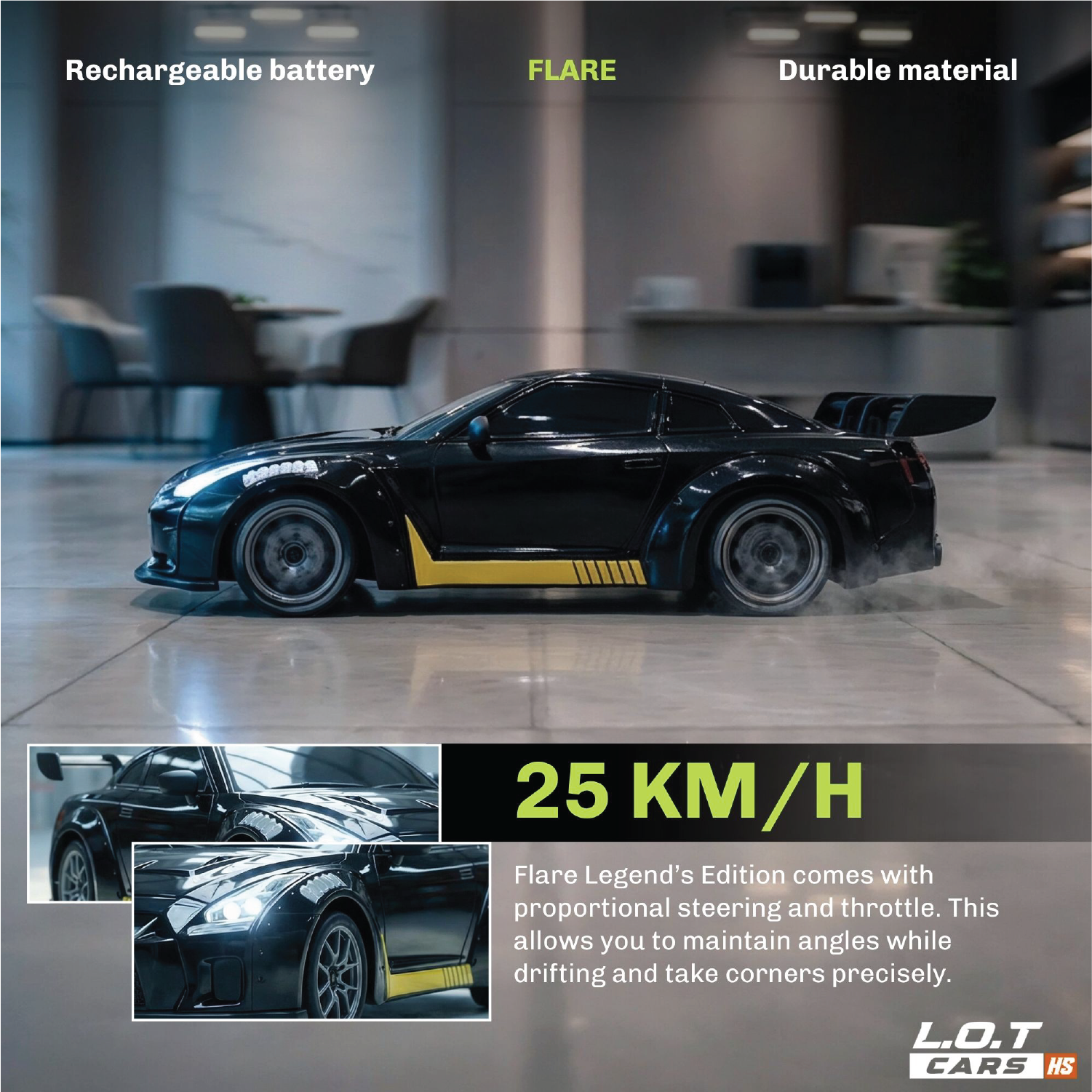 Black RC car with yellow accents on a reflective floor, featuring text about specifications and brand.