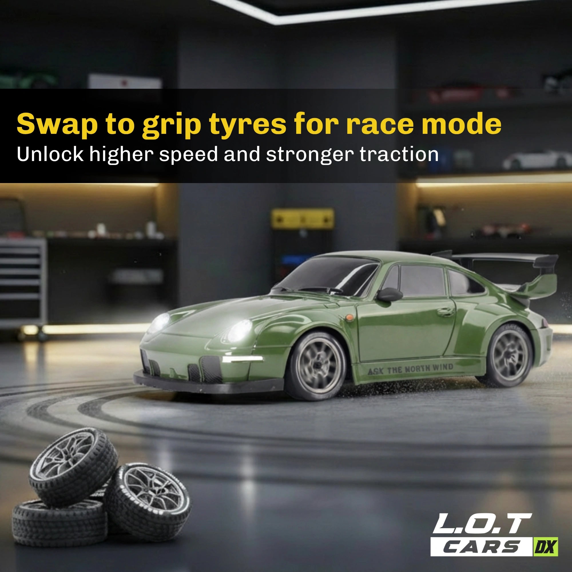 Green RC car with grip tyres on a dark background, featuring text about race mode.