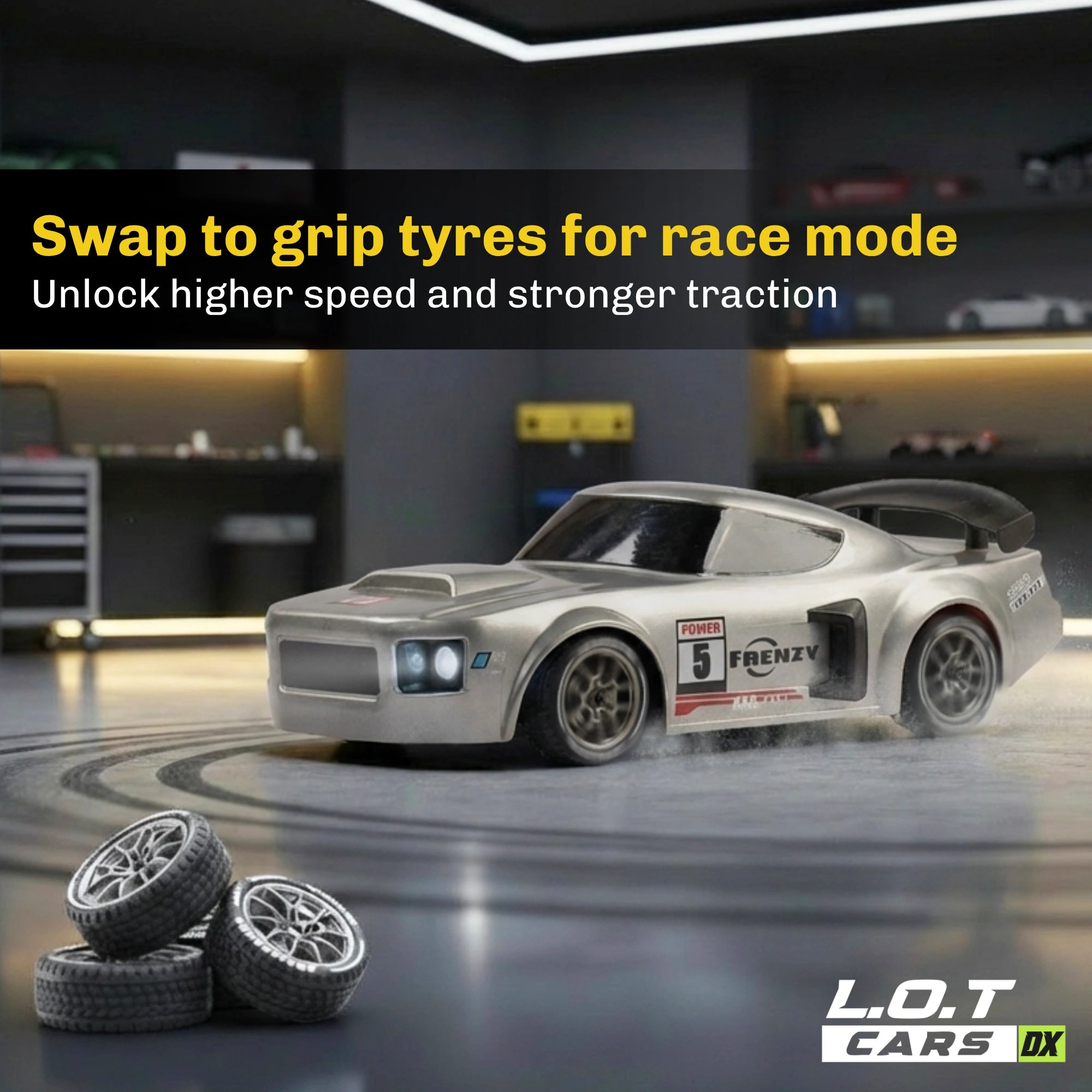 RC car with grip tyres on a track, featuring text about race mode and product branding.