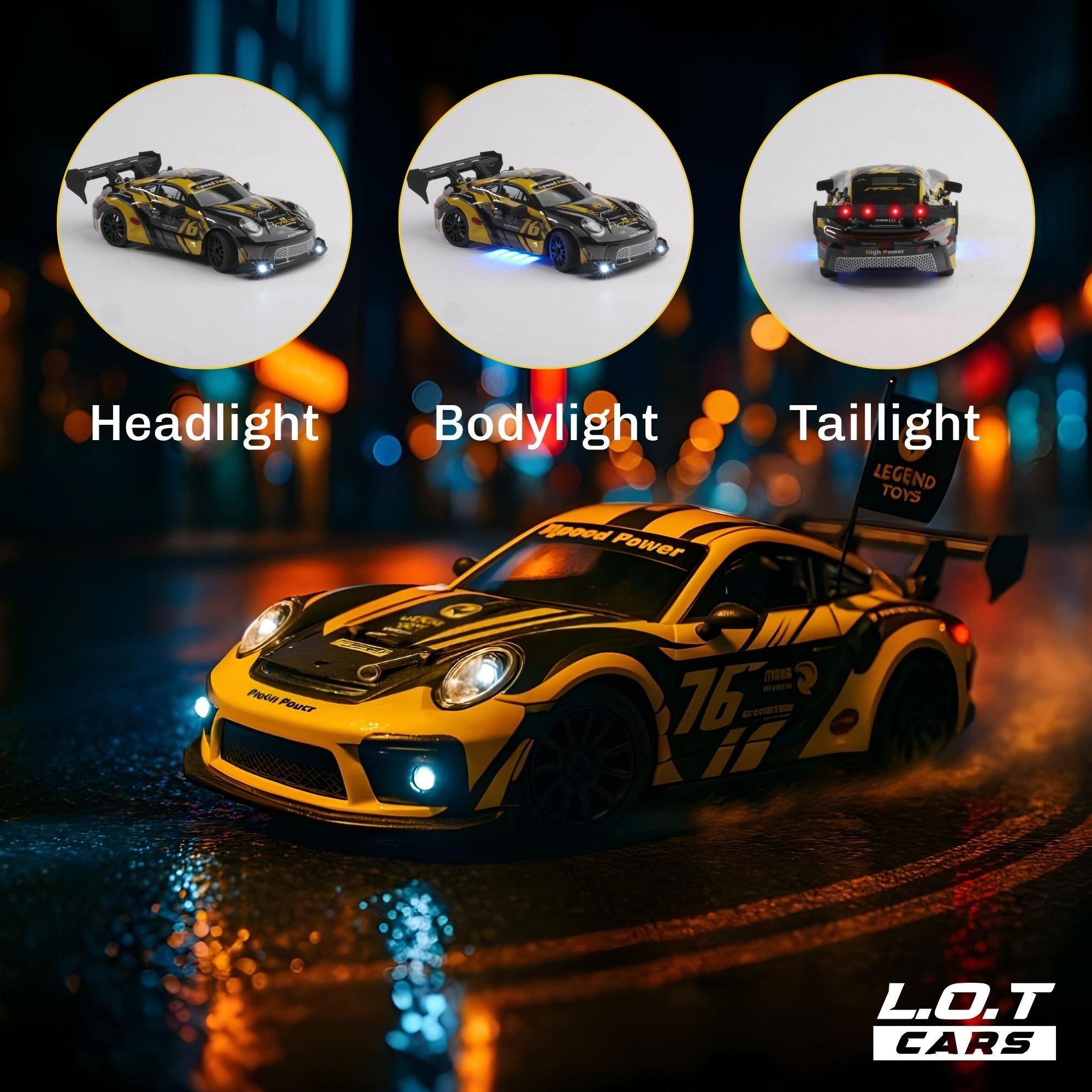 Yellow Model RC car with labeled headlight, bodylight, and taillight on a dark background.