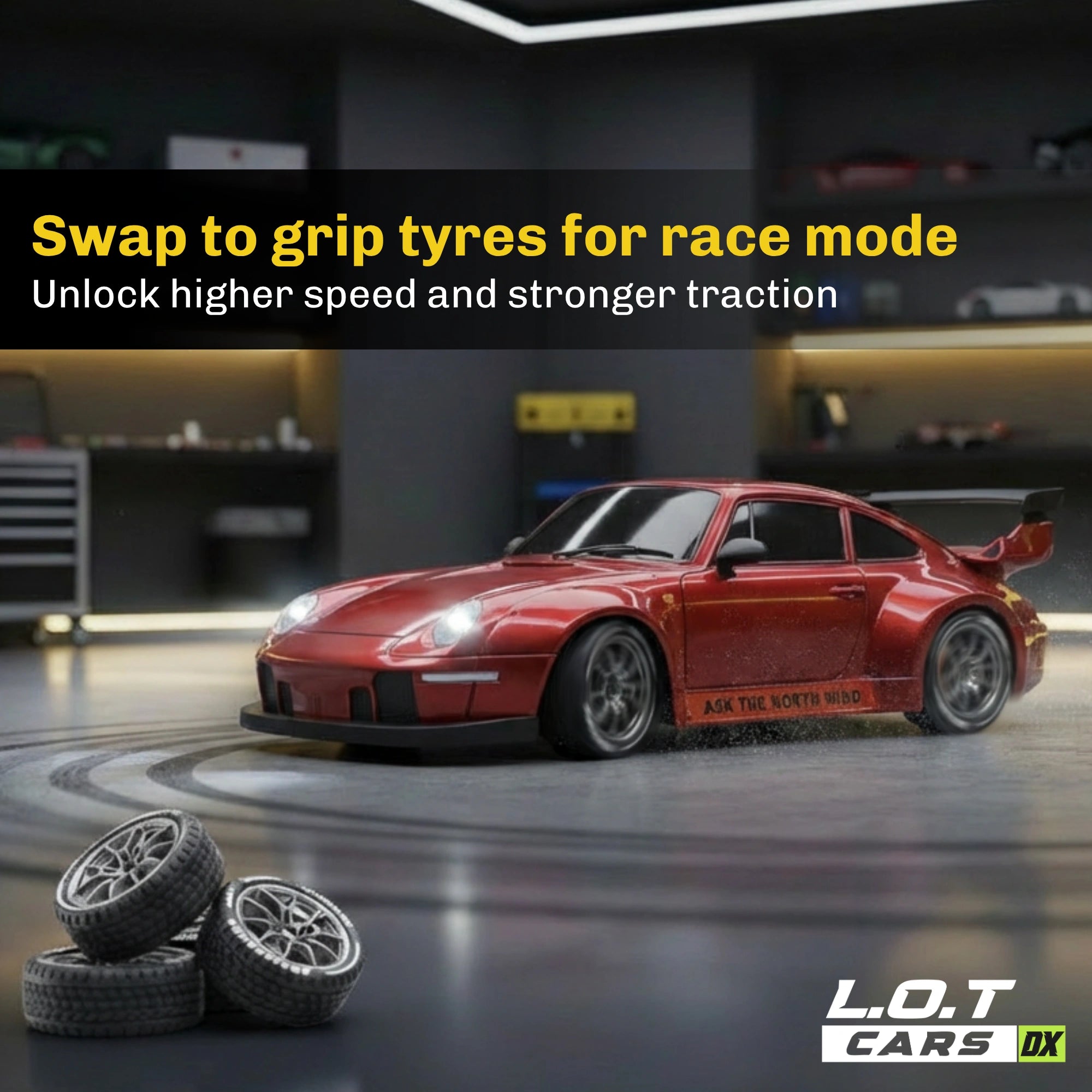 Red RC car with grip tyres on a track, promoting race mode feature.