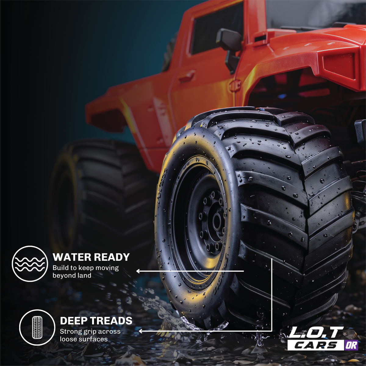 Close-up of the red Gator's oversized tyre, with deep treads for grip on loose ground and in water