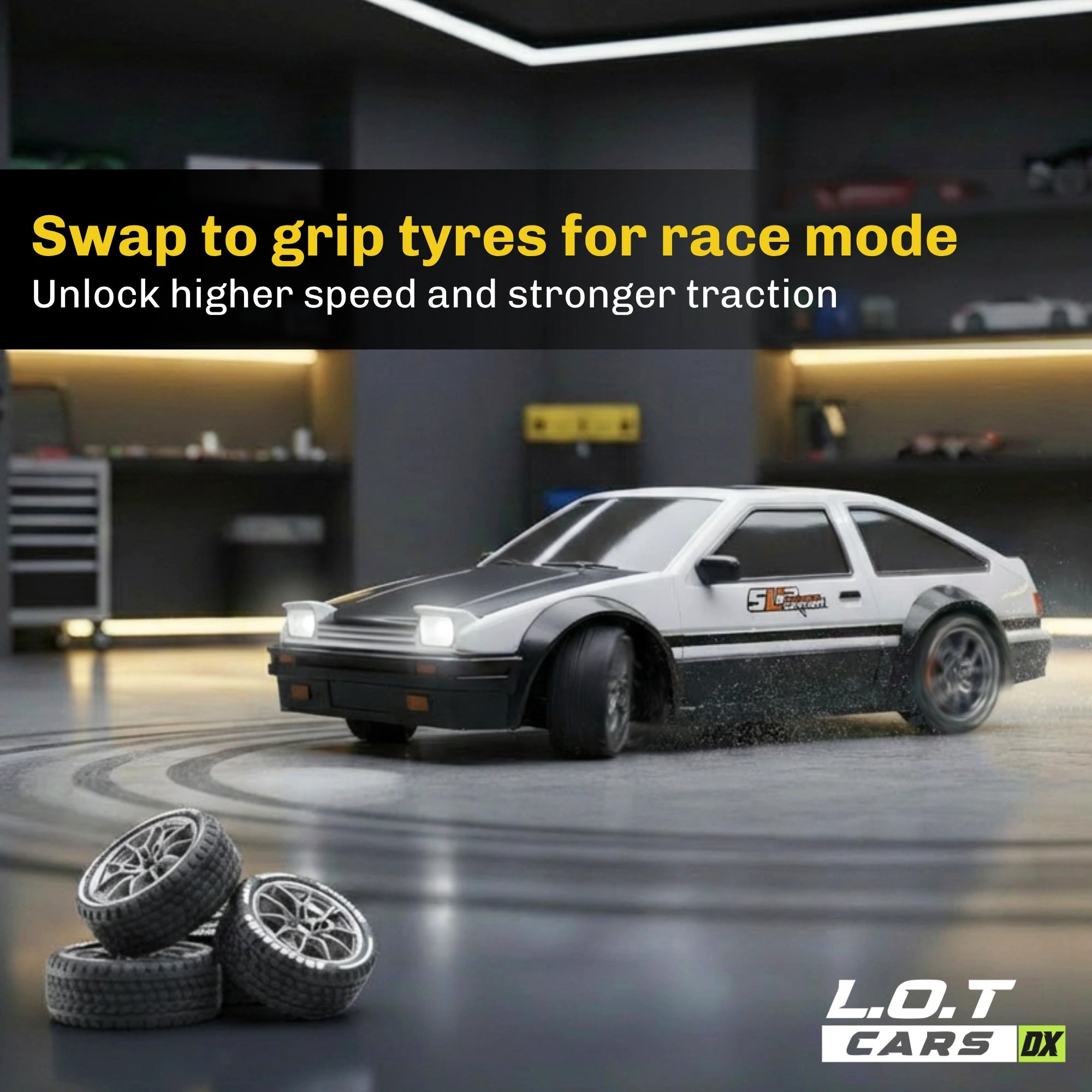 RC car with grip tyres on a track in a garage setting, featuring text about race mode.