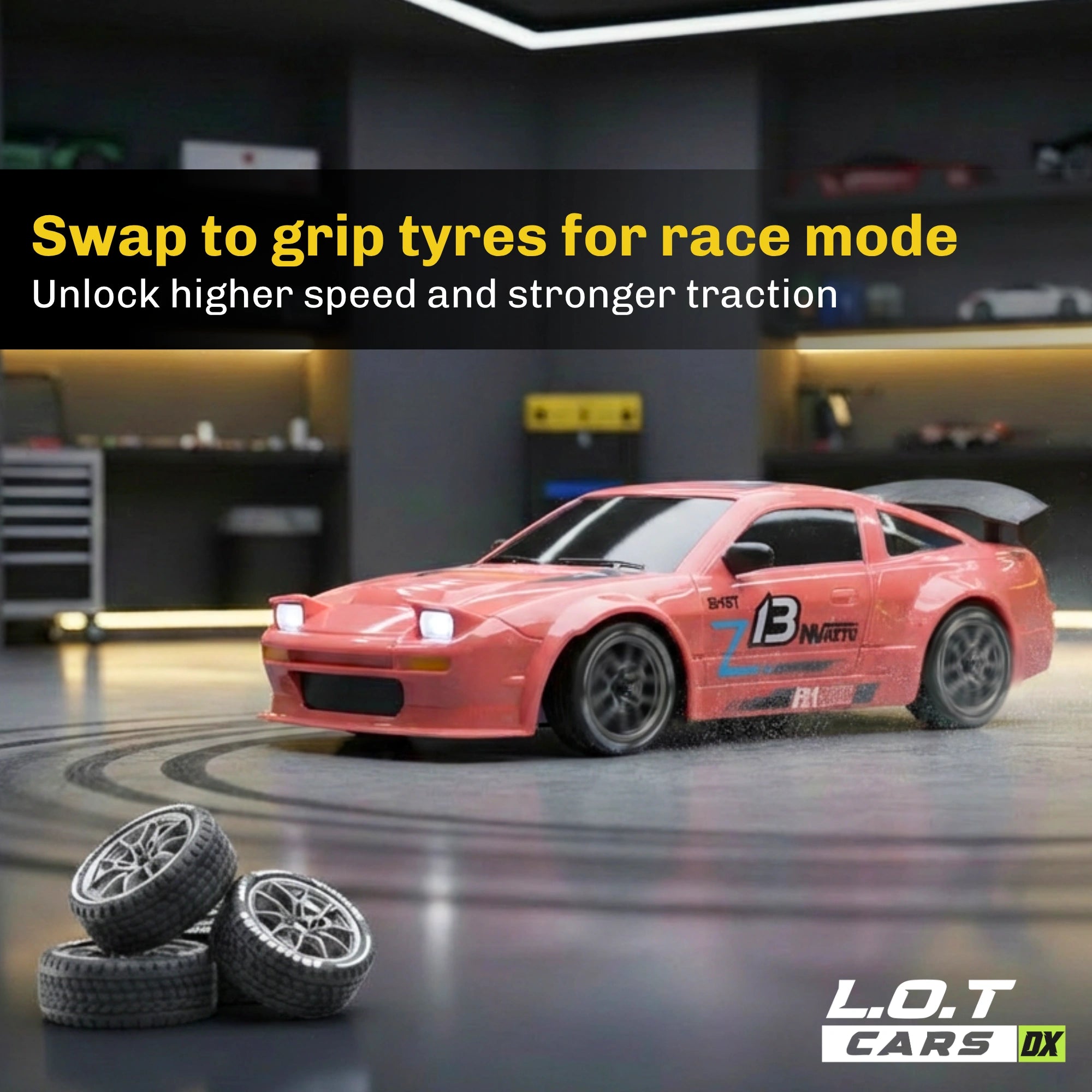 Pink RC car with grip tyres on a racetrack in a garage setting, featuring text about race mode.