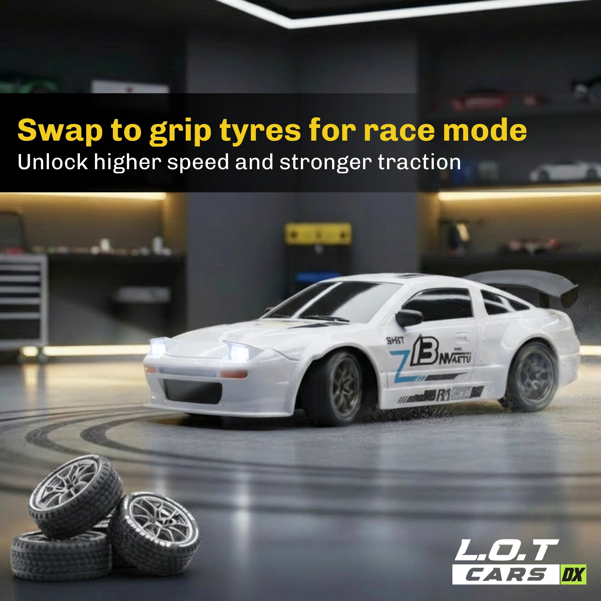 RC car with grip tyres on a track in a garage setting, featuring text about race mode.