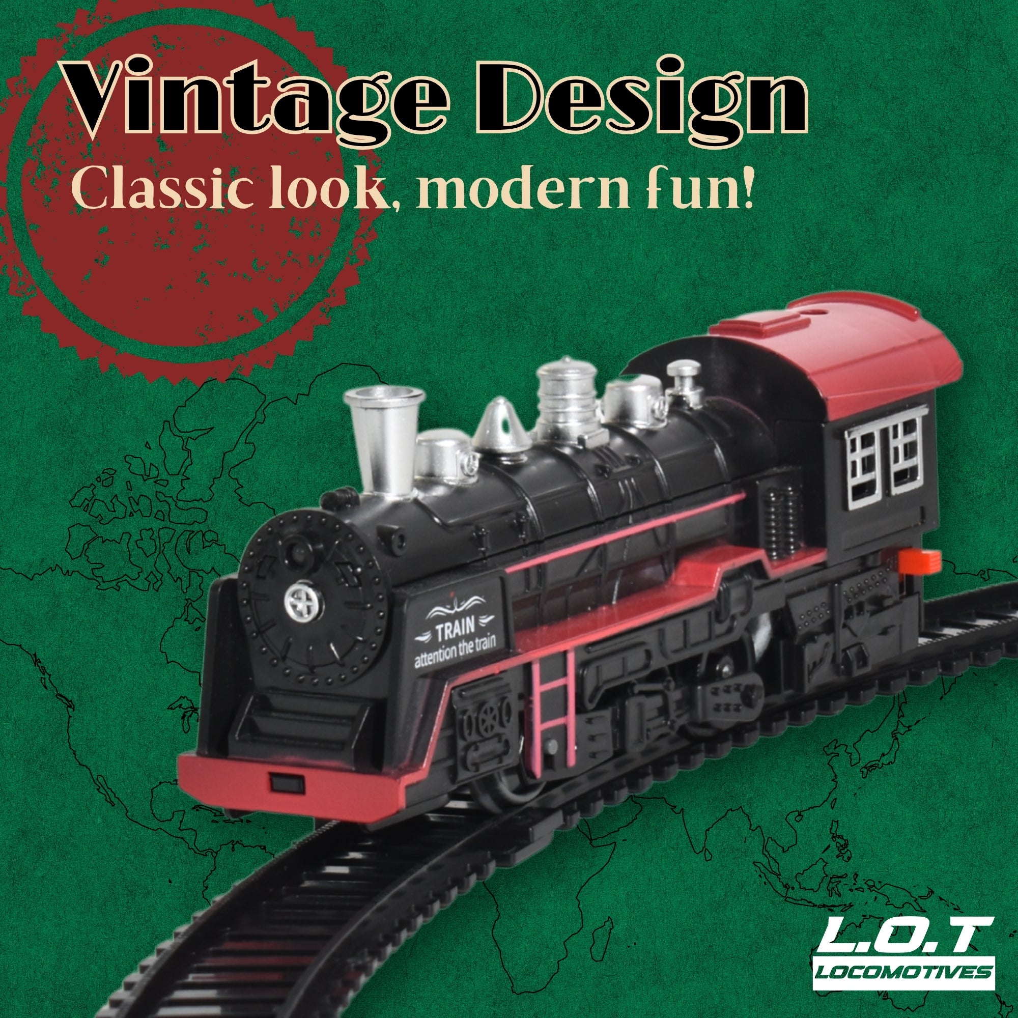 Model train on tracks with 'Vintage Design' text and L.O.T Locomotives branding.