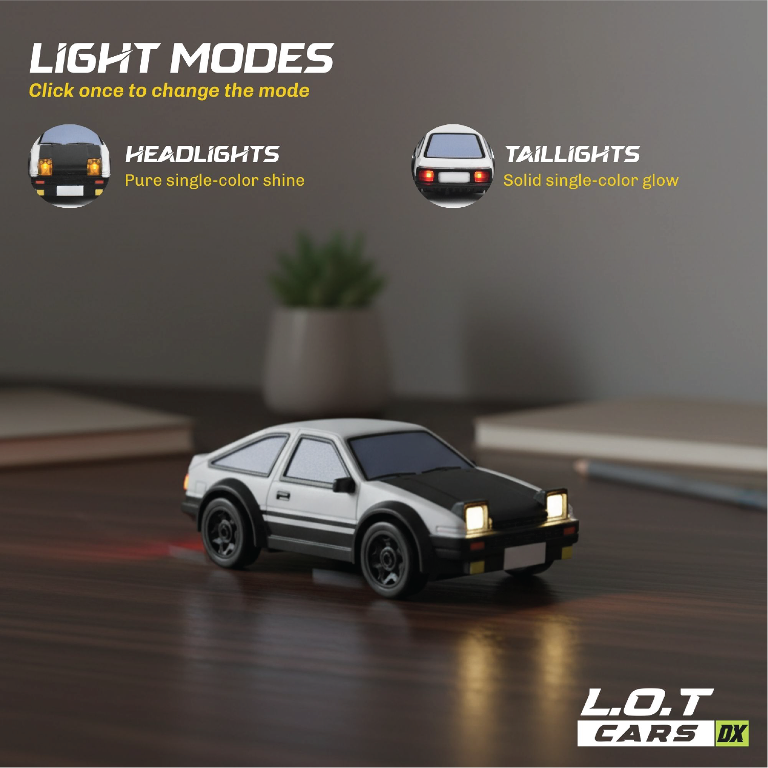 Toy RC car with illuminated headlights on a desk, showing light modes.
