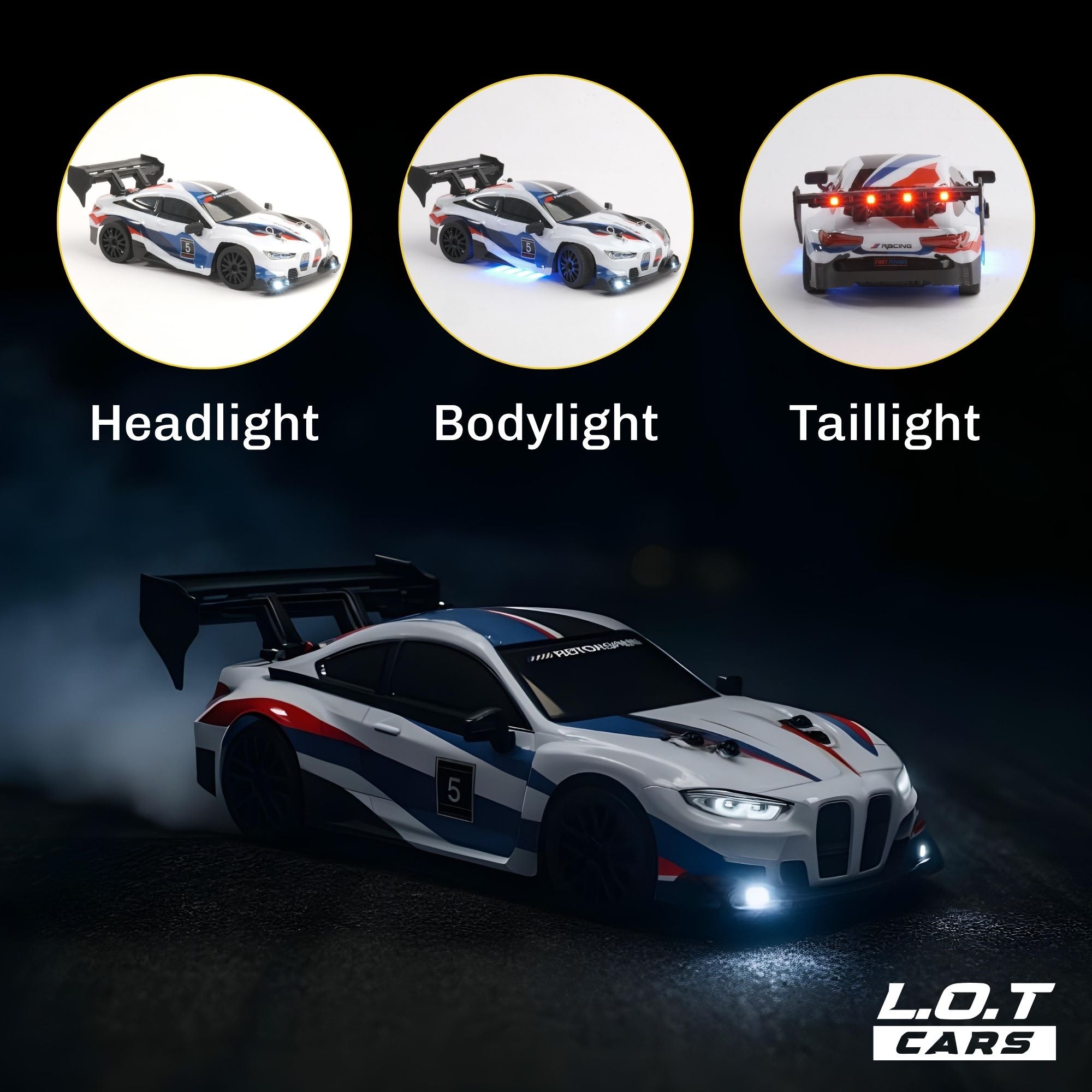 White Model RC car with labeled headlight, bodylight, and taillight on a dark background.