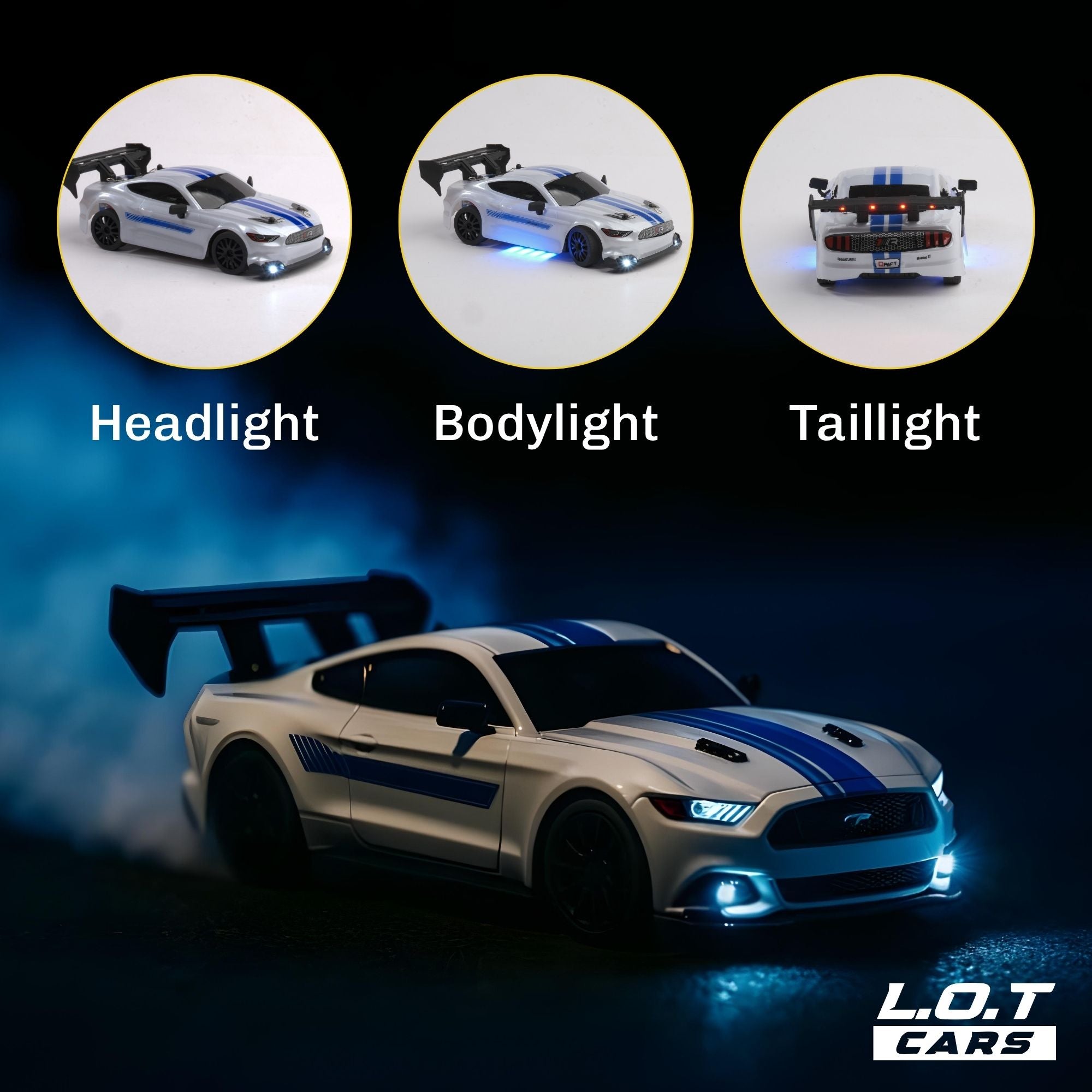White Model RC car with illuminated headlights, body, and taillights on a dark background, featuring the brand 'L.O.T Cars'.