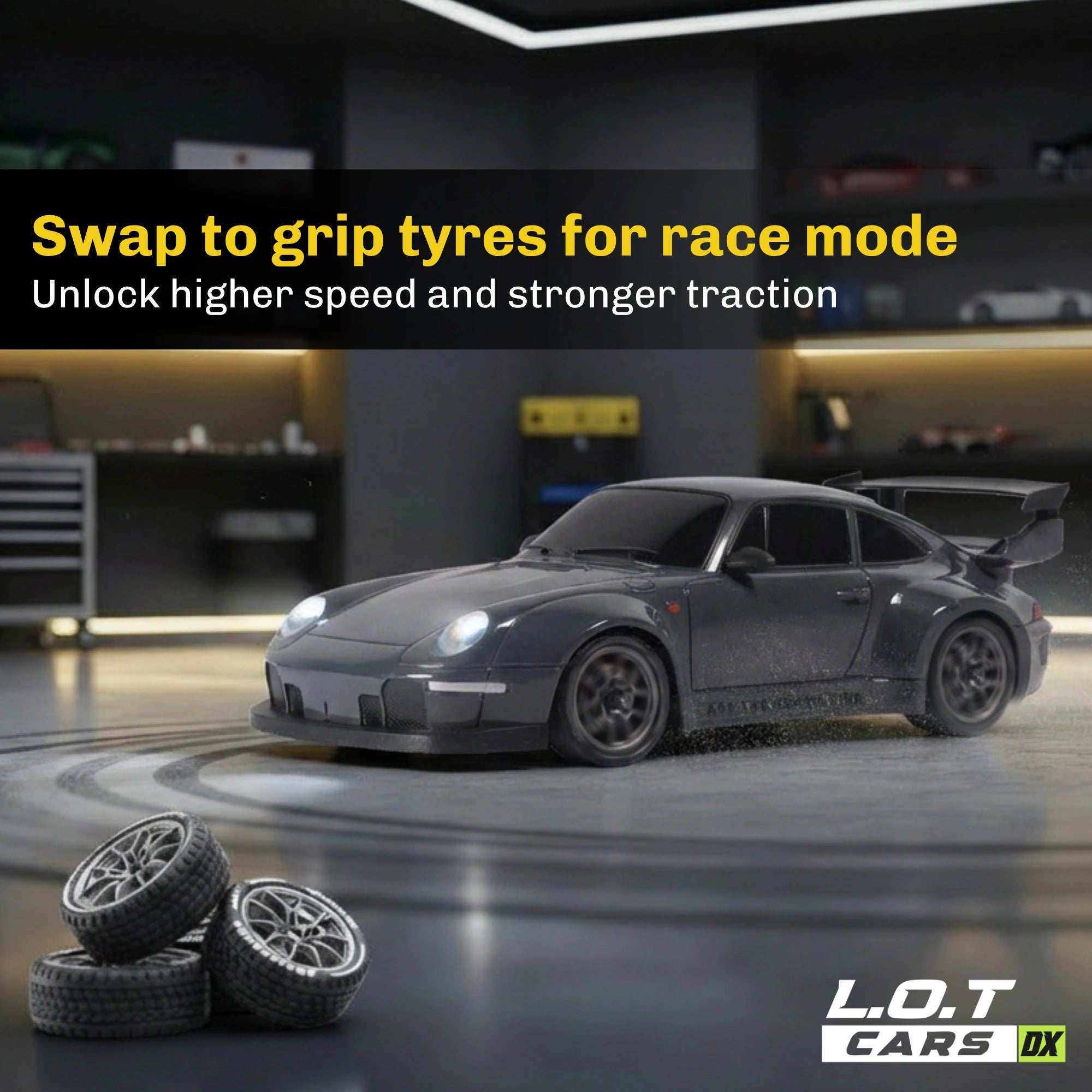RC car with grip tyres and text about race mode in a garage setting