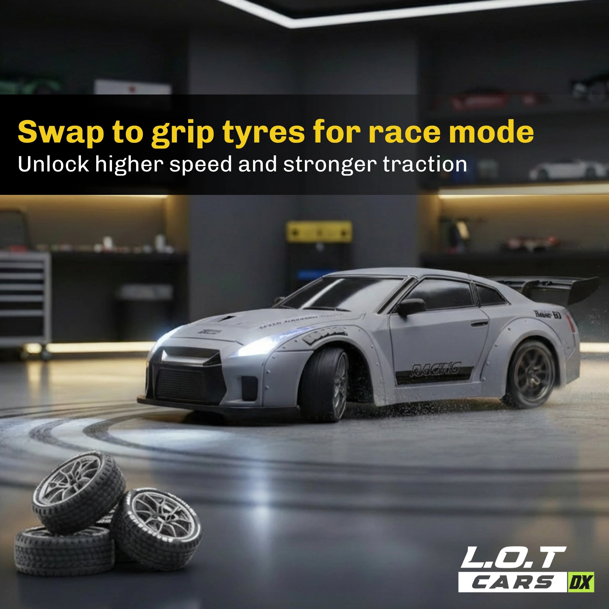 RC car with grip tyres and text about race mode in a garage setting