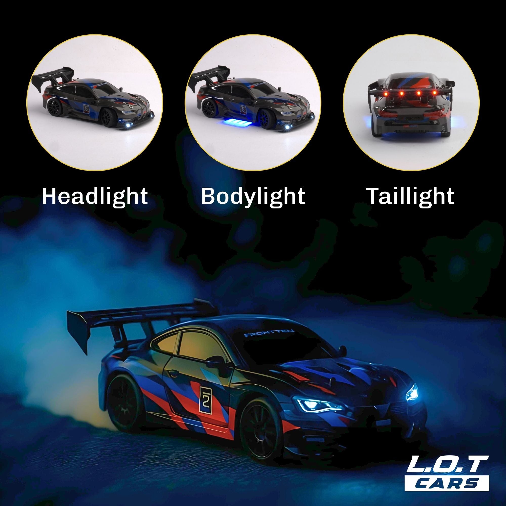 Black Model RC car with illuminated headlights, bodylight, and taillight on a dark background, featuring the brand 'L.O.T Cars'.