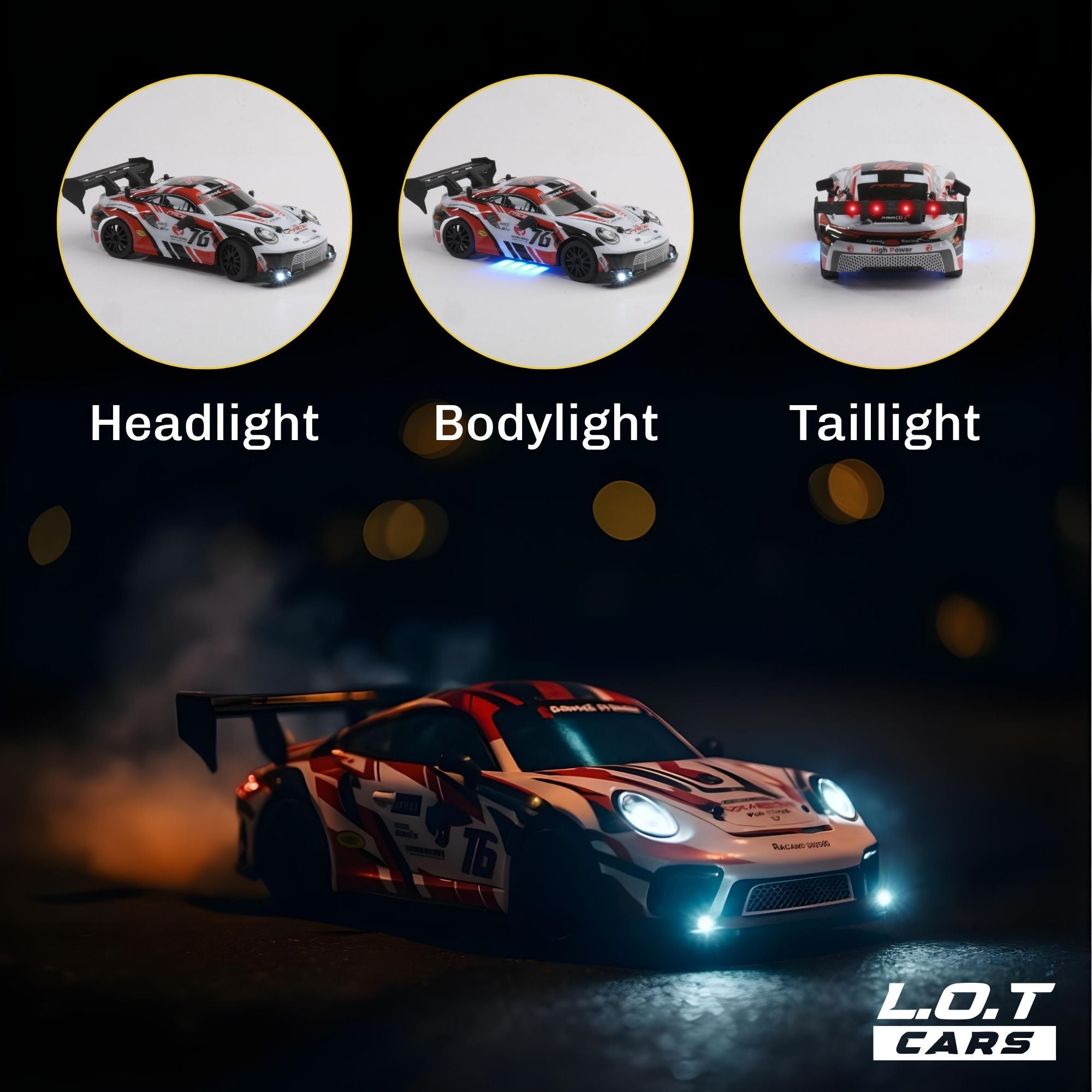 Model RC Race car with labeled headlights, bodylights, and taillights on a dark background.