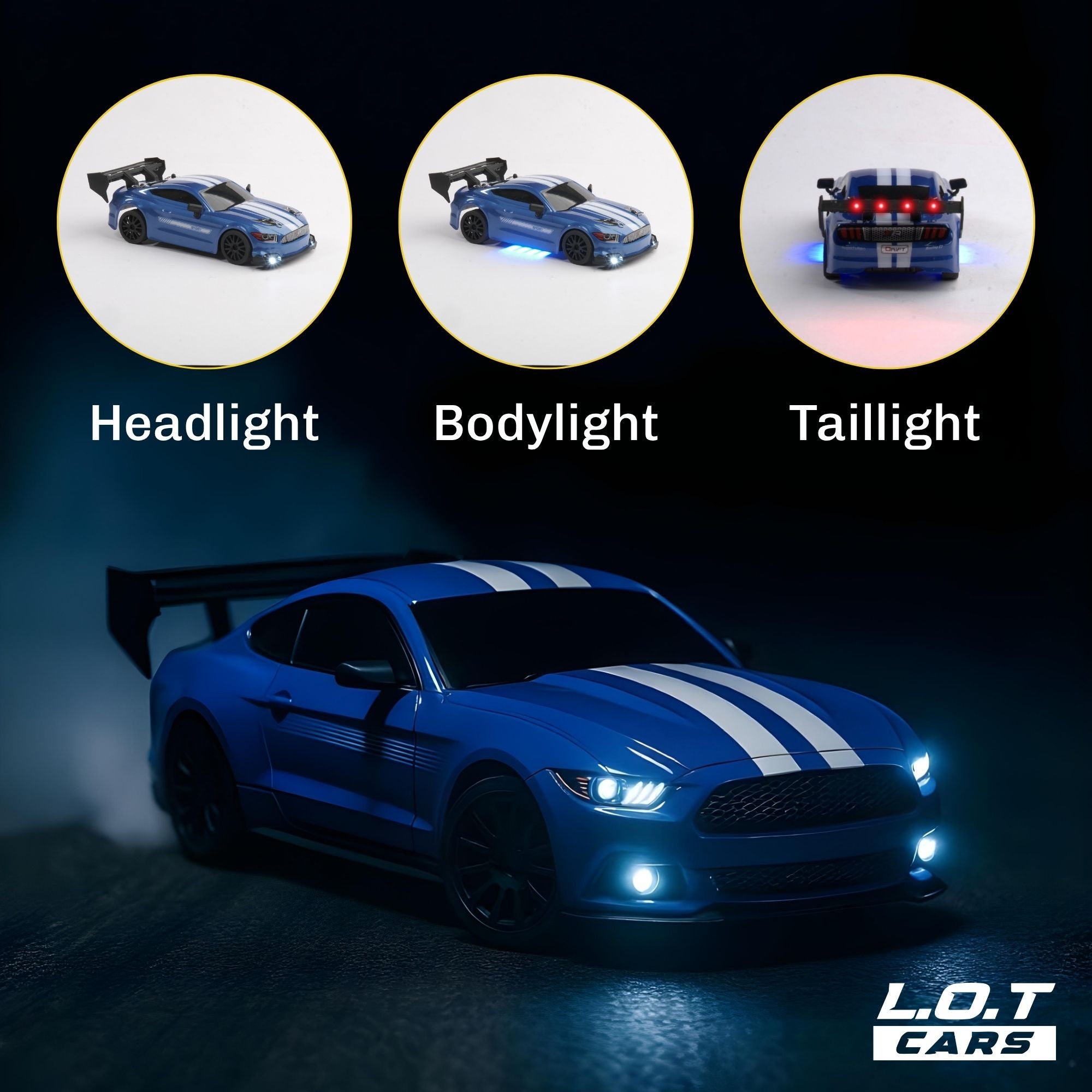 Blue RC toy car with labeled headlight, bodylight, and taillight features on a dark background.