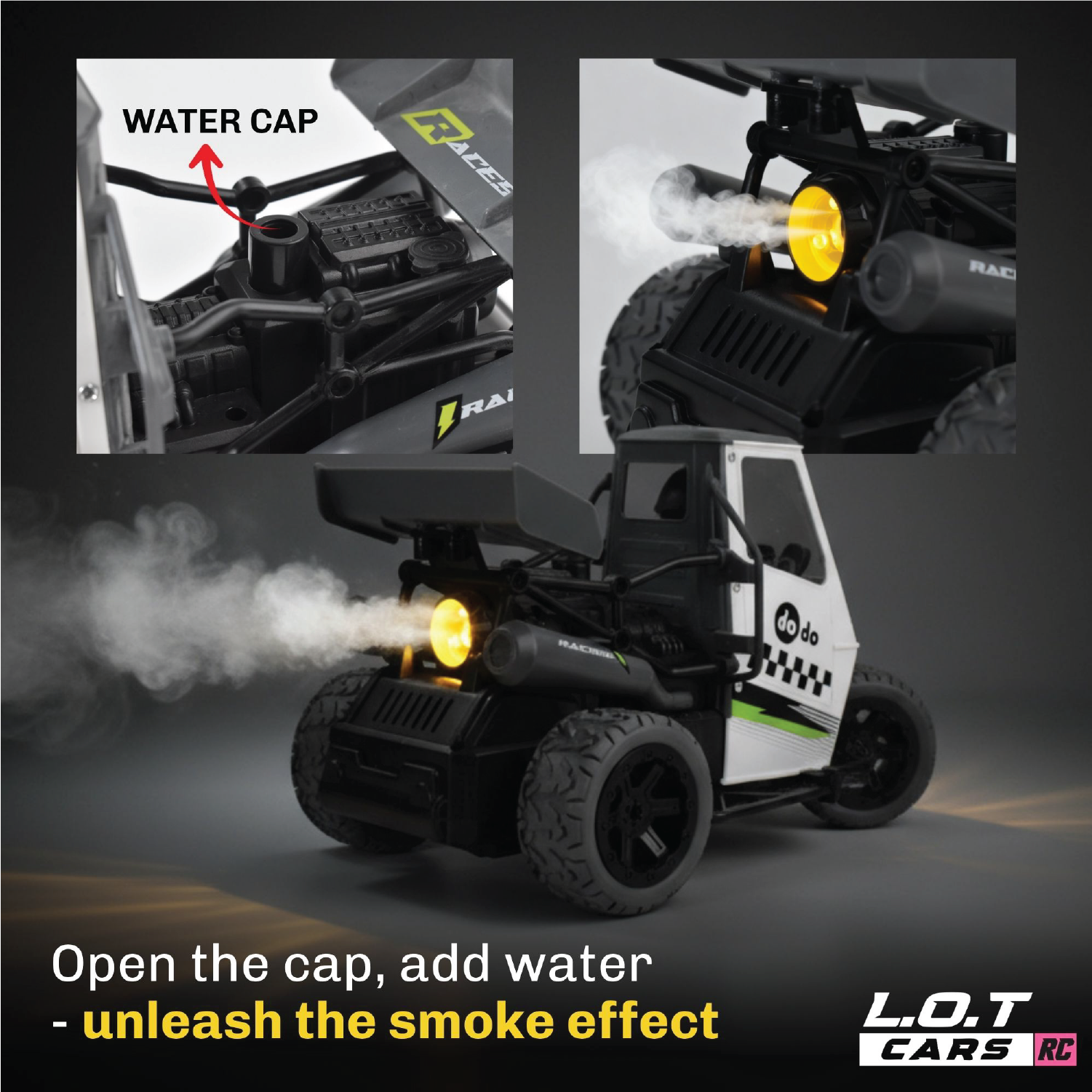 Toy RC car with smoke effect feature, showing water cap and smoke release.