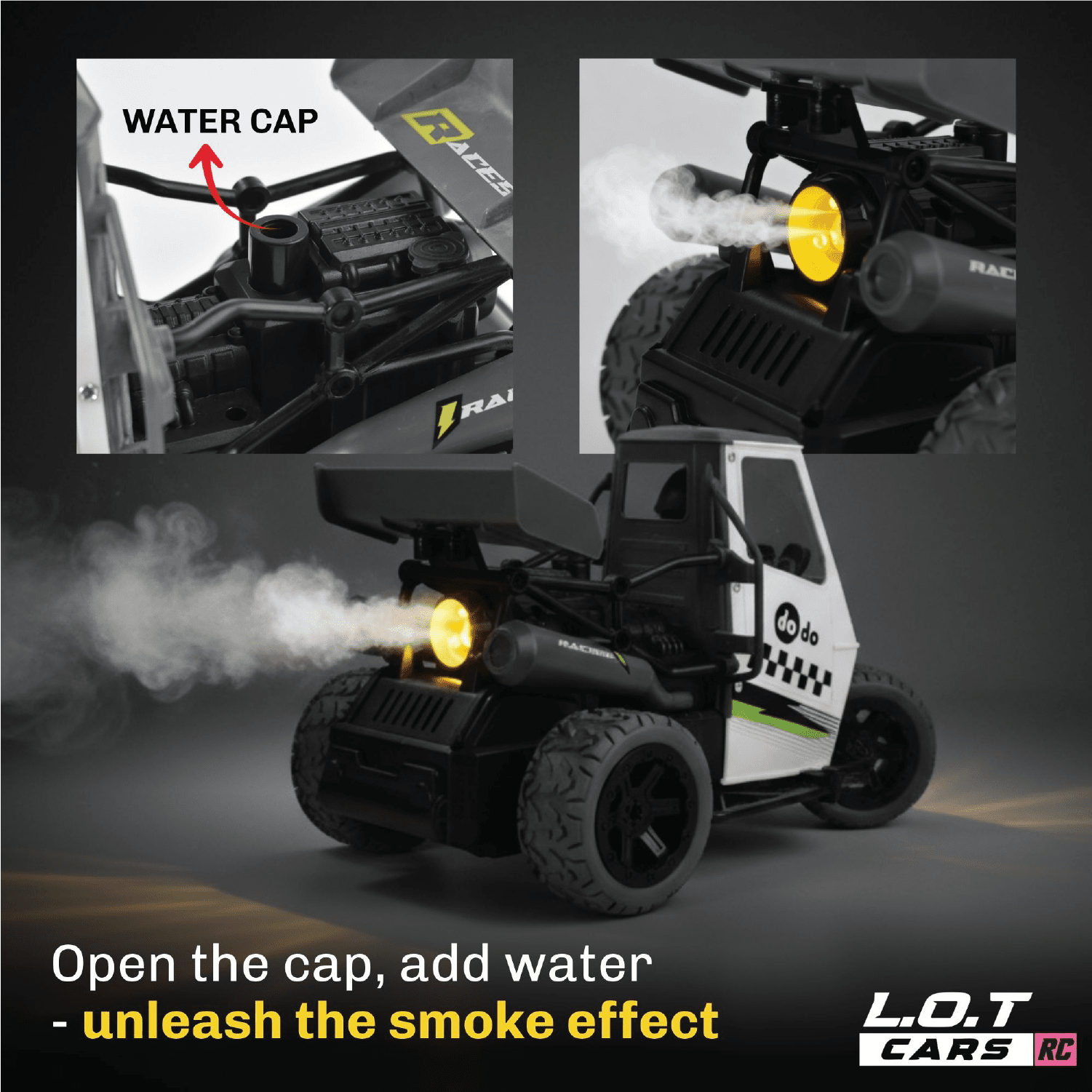 Toy RC car with smoke effect feature, showing water cap and smoke release.