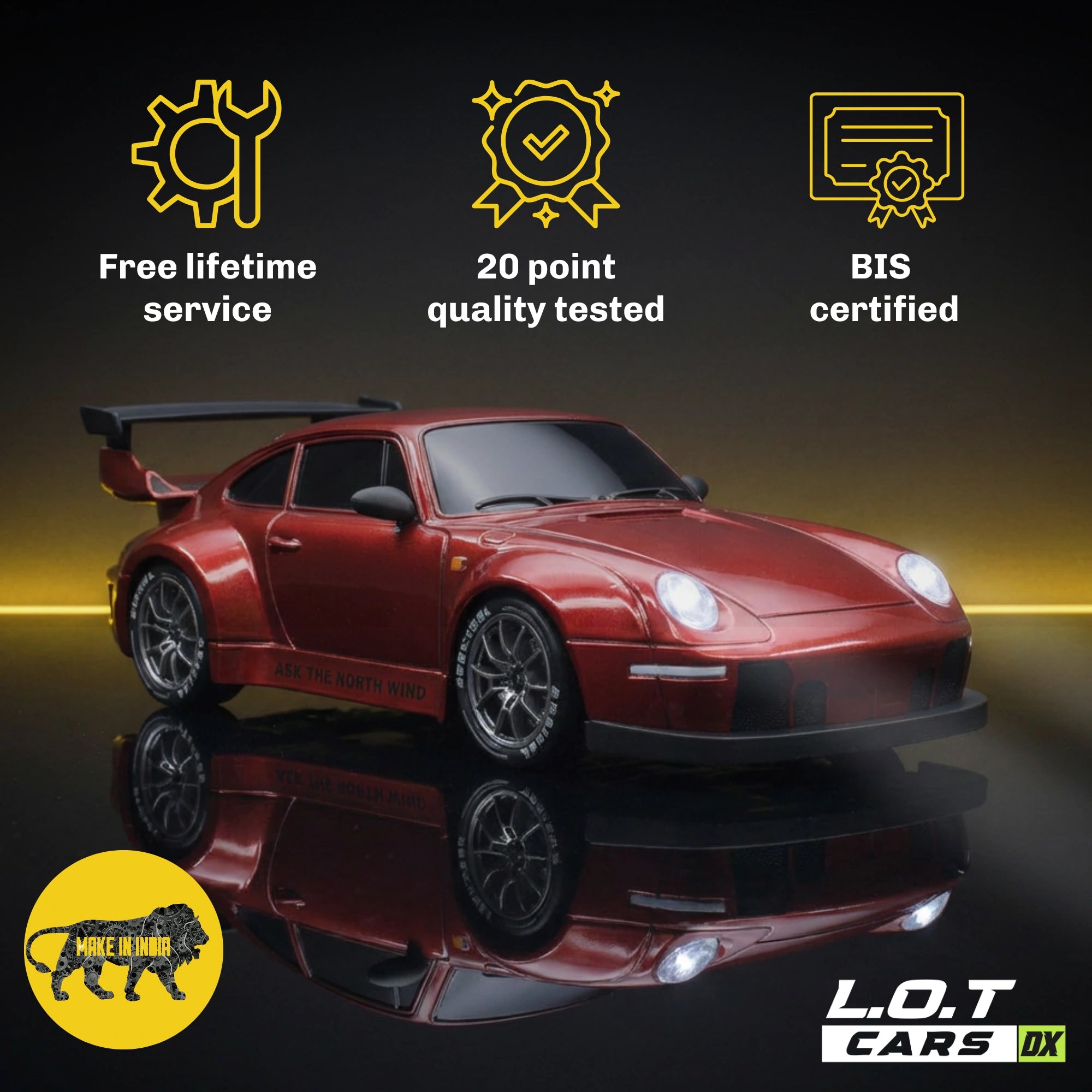 Red RC car with certification icons and text on a dark background