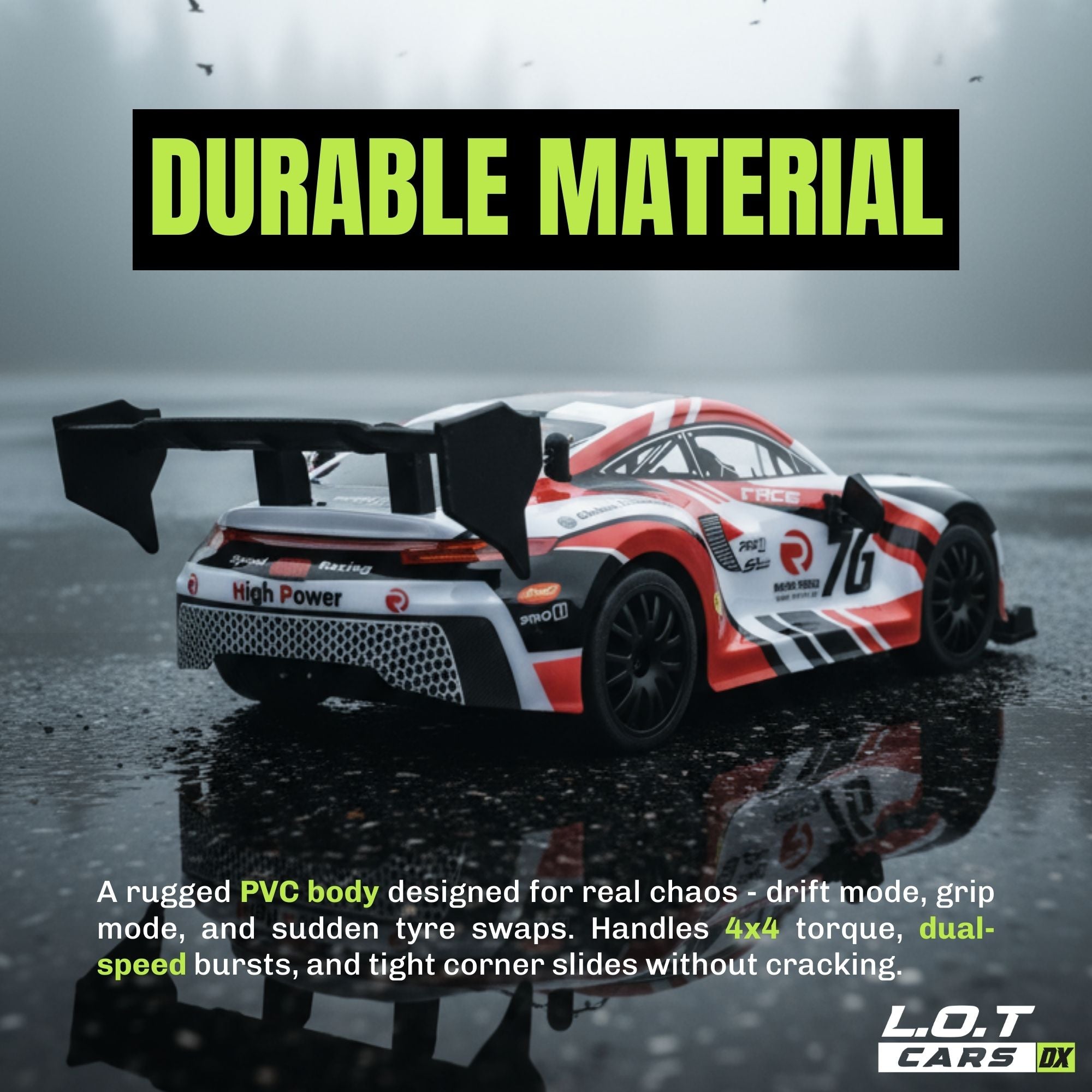 Model RC car on a reflective surface with 'Durable Material' text and L.O.T Cars branding.