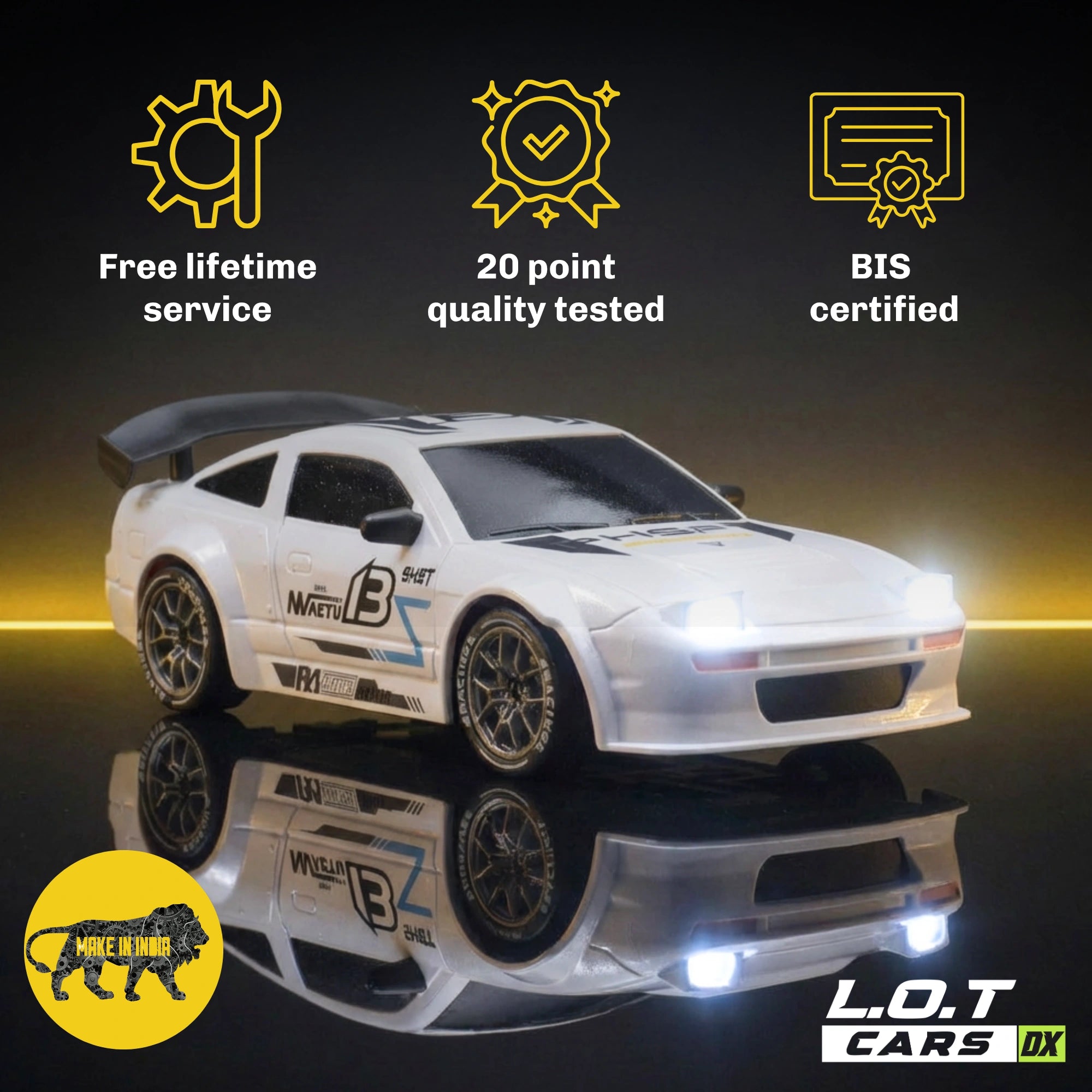 White RC car with certification icons and text on a reflective surface