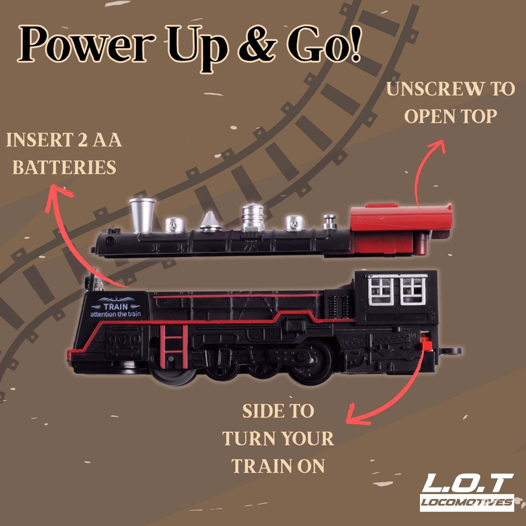 Toy train with instructions on how to power it up and operate, featuring L.O.T Locomotives branding.