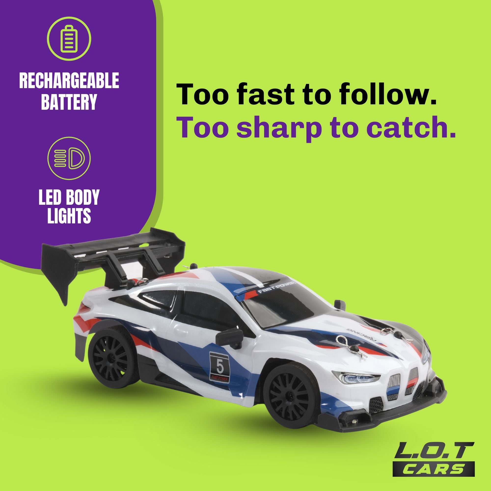 White Toy RC race car with features highlighted on a green background