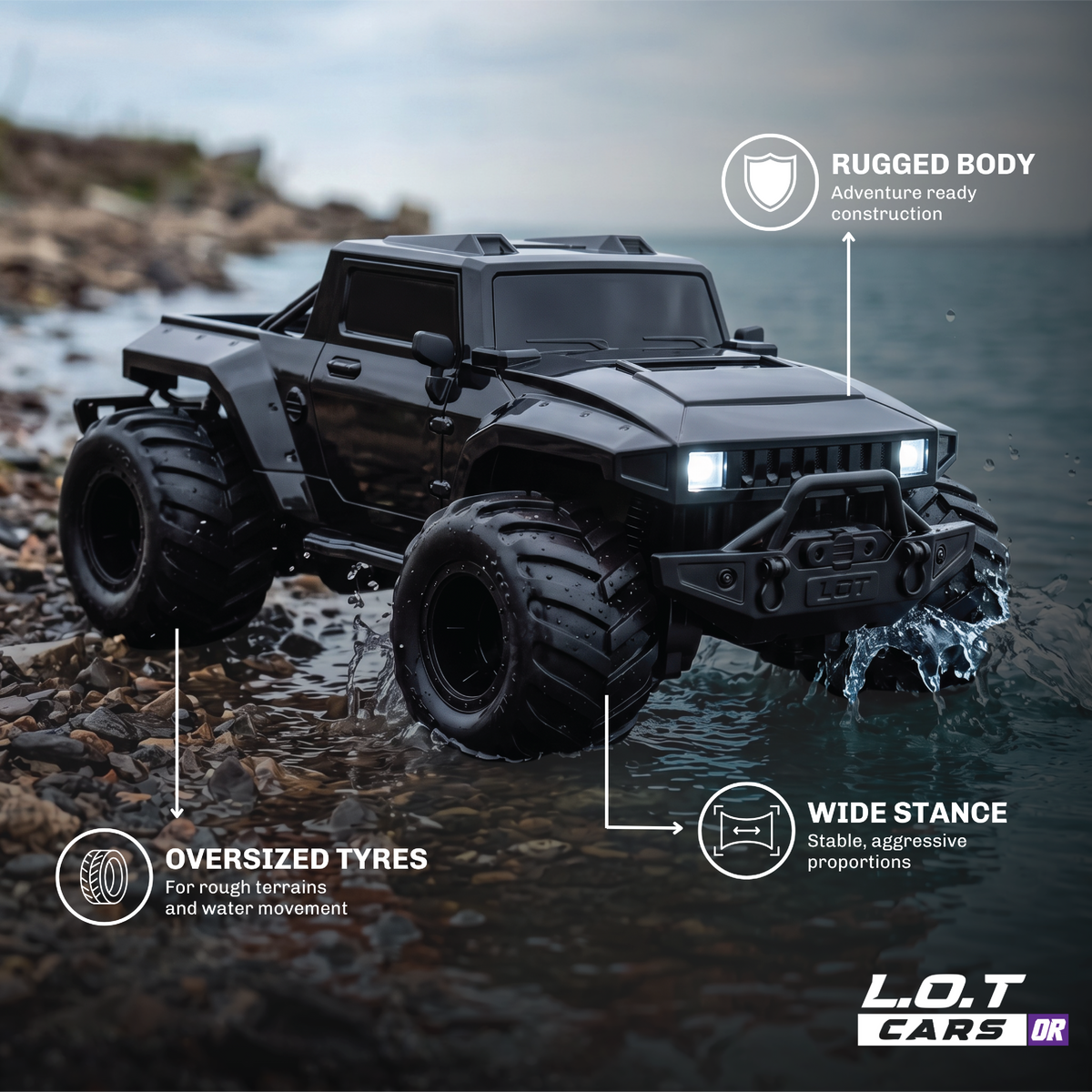 The black Gator on a rocky shore, with callouts for its rugged body, oversized tyres and wide stance