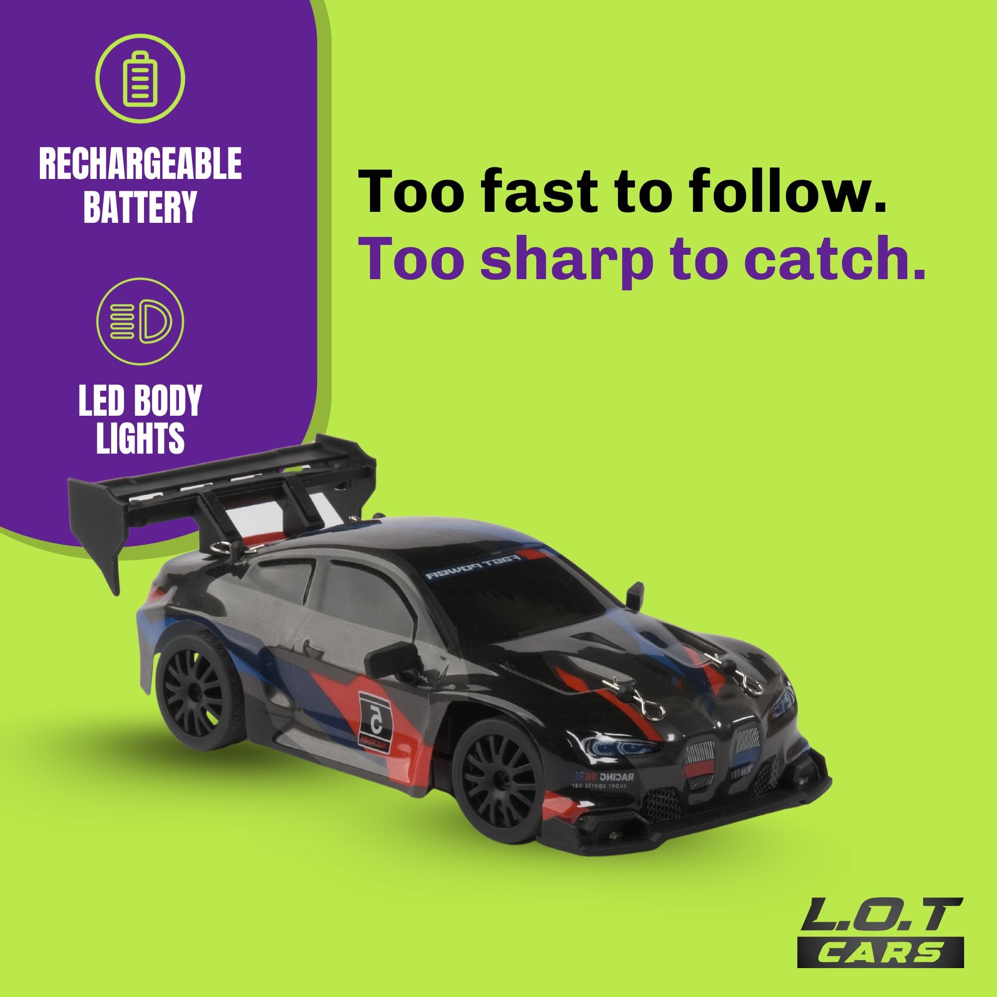 Black RC Toy car with features like rechargeable battery and LED body lights on a green background