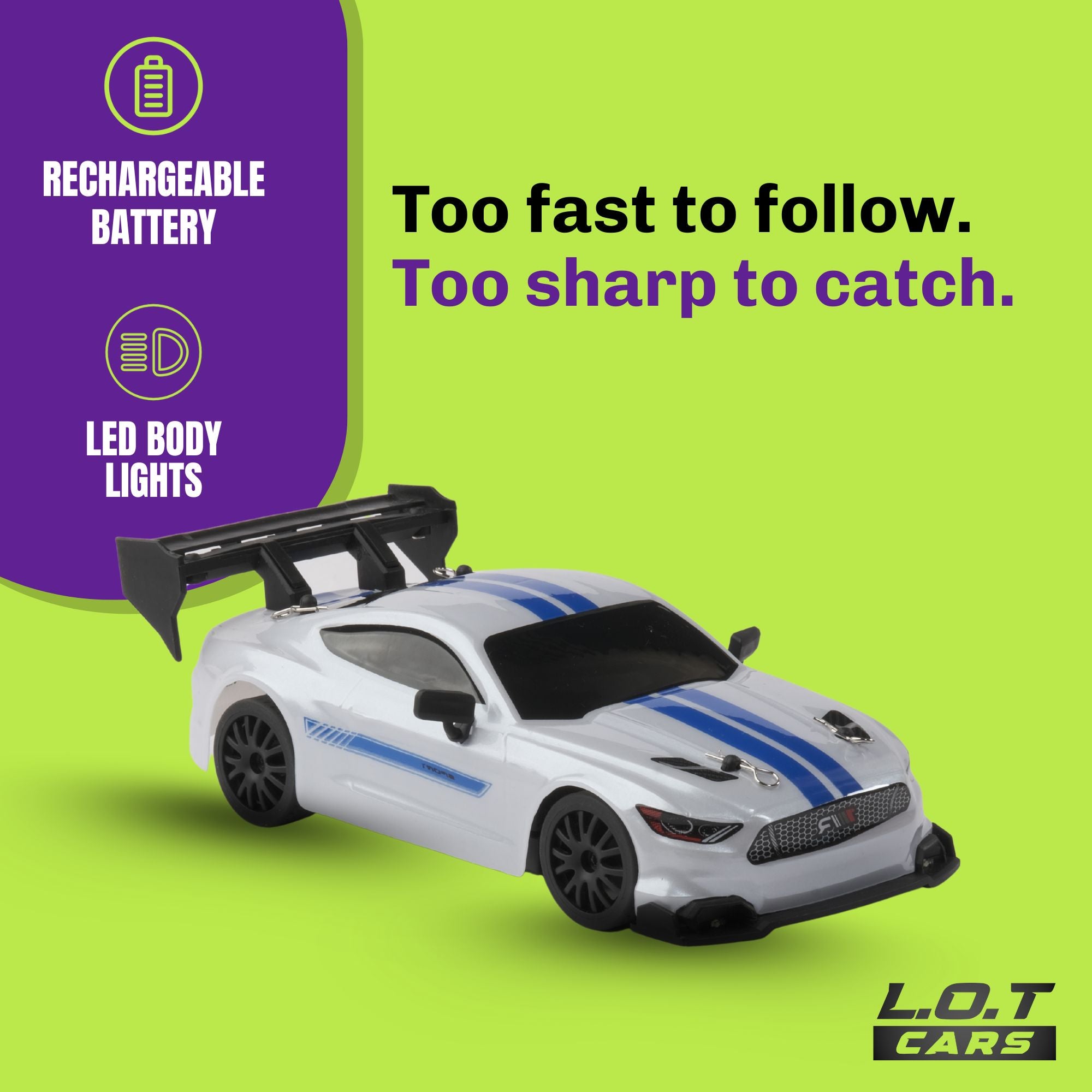 White RC Toy car with features highlighted on a green background