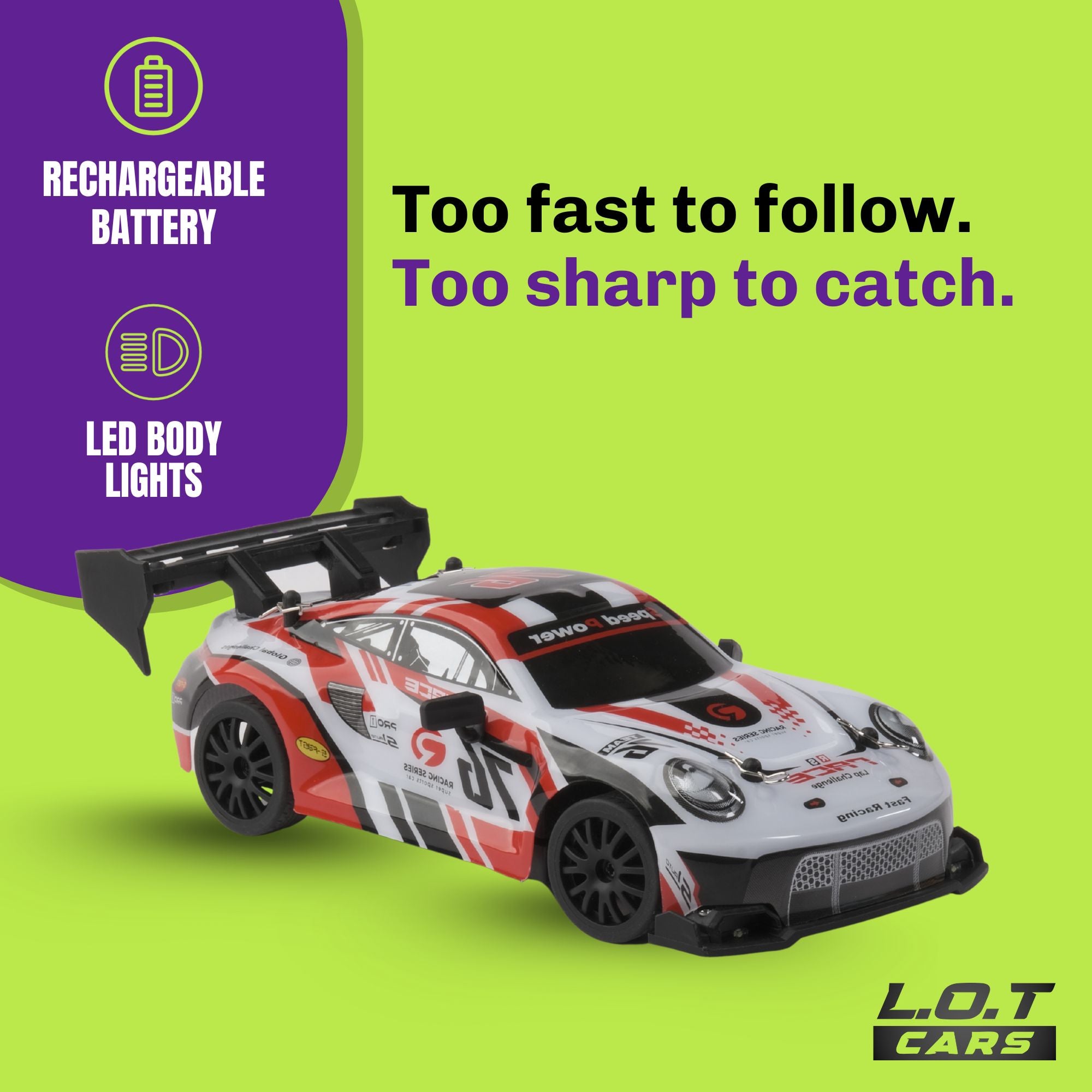 Toy RC Race car with features highlighted on a green background