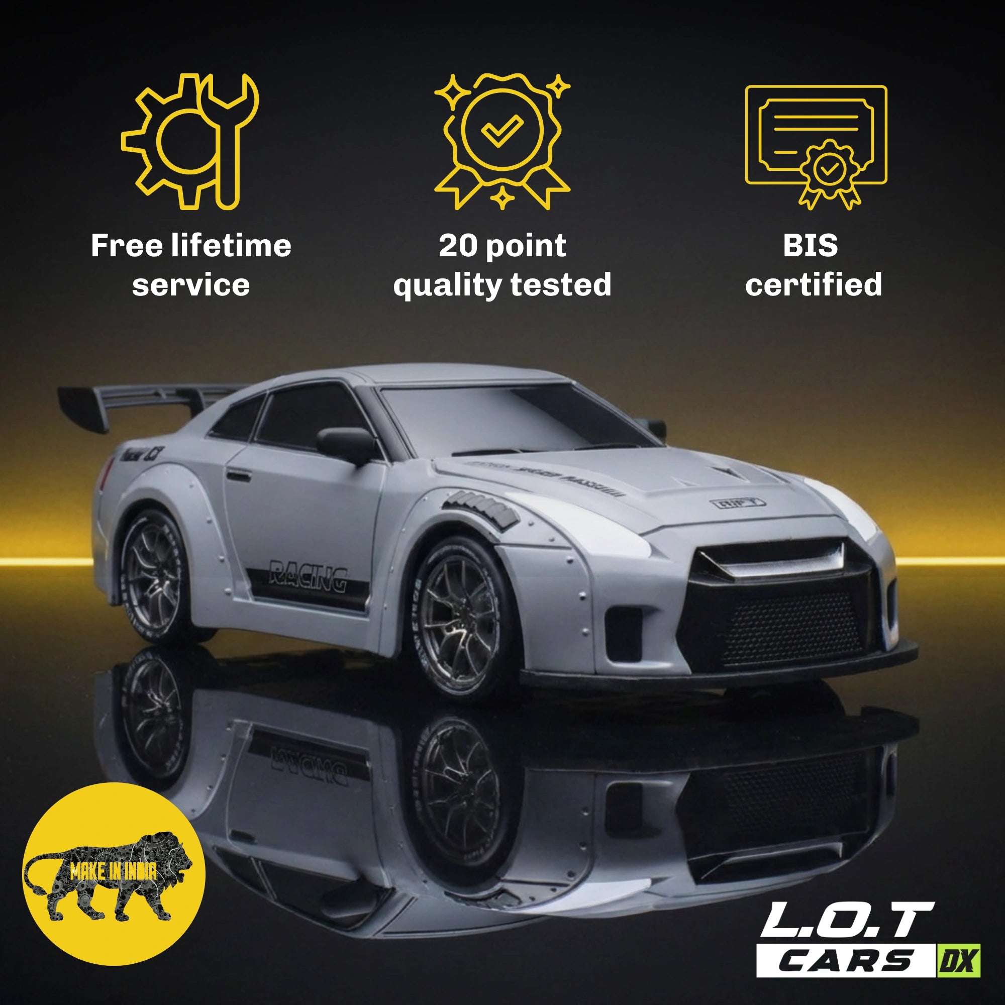 White RC car with certification icons and text on a reflective surface