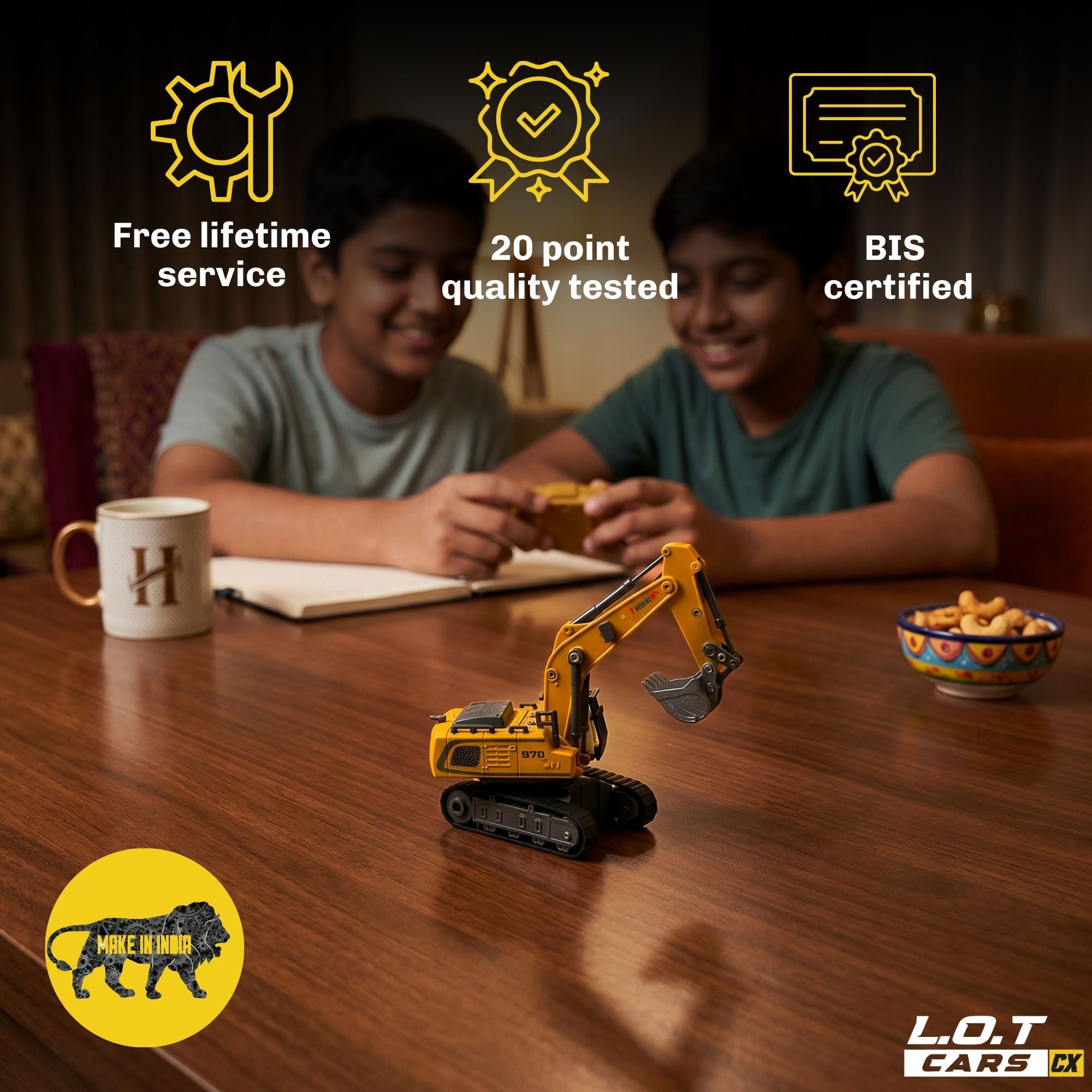Two children playing with RC excavator on a table, with product features displayed above.