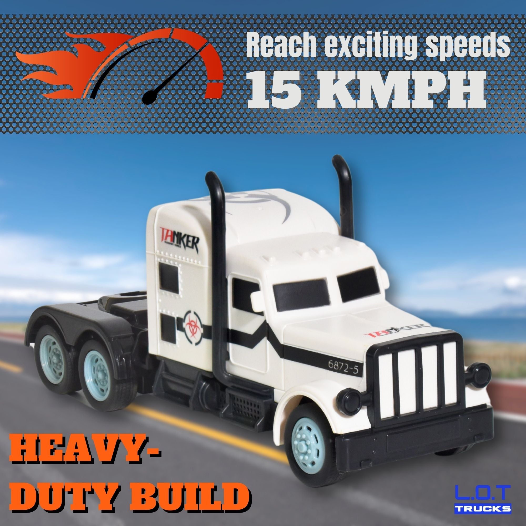White RC truck with 'HEAVY-DUTY BUILD' text and 'LOT TRUCKS' branding on a road background.