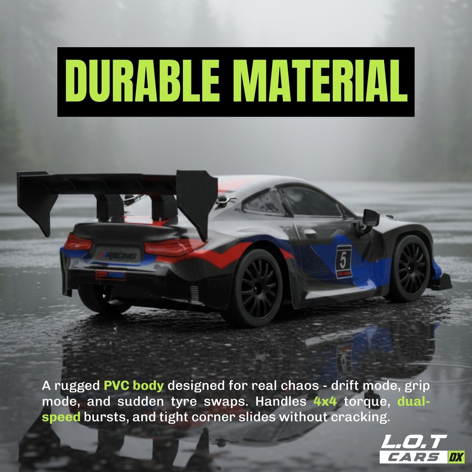 Racing RC car on a wet track with 'Durable Material' text and L.O.T Cars branding.