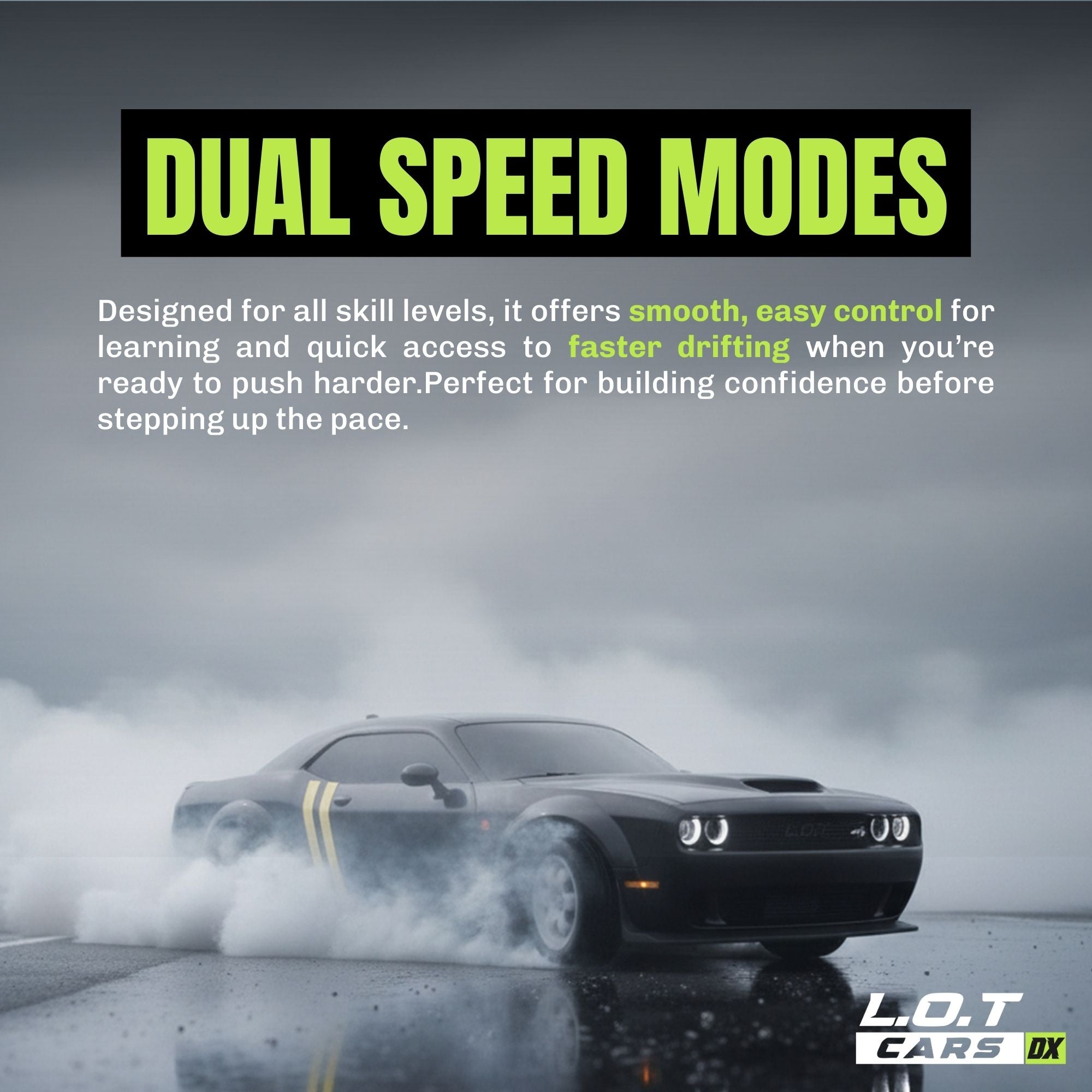 RC Car performing a drift with text about dual speed modes on a dark background