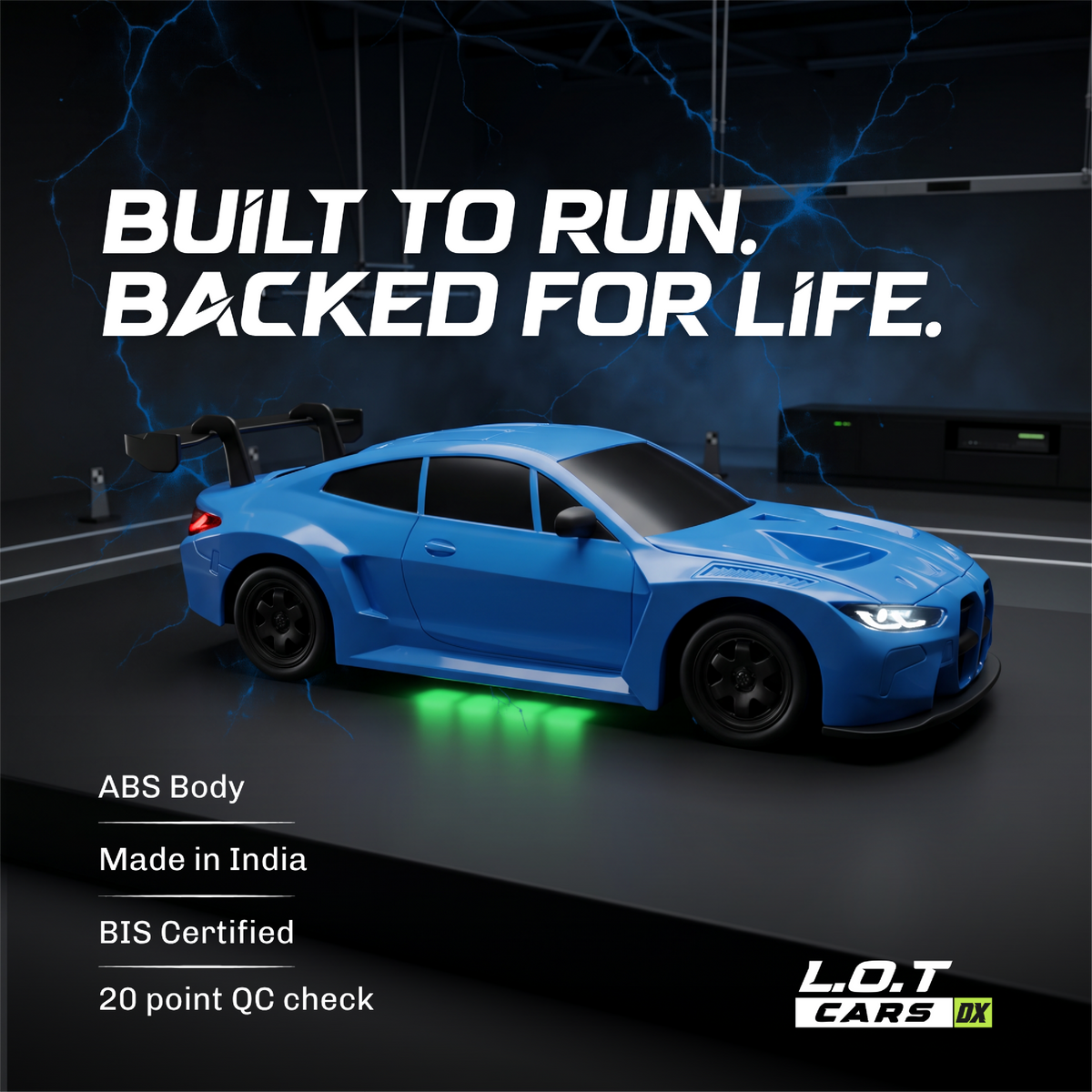 Built to run, backed for life: the blue Bhoot with badges for its ABS body, Made in India, BIS certified and a 20-point QC check