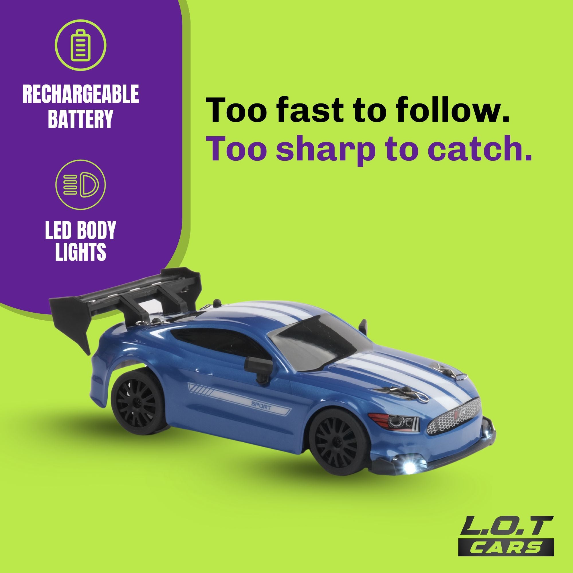 Blue RC toy car with features highlighted on a green background