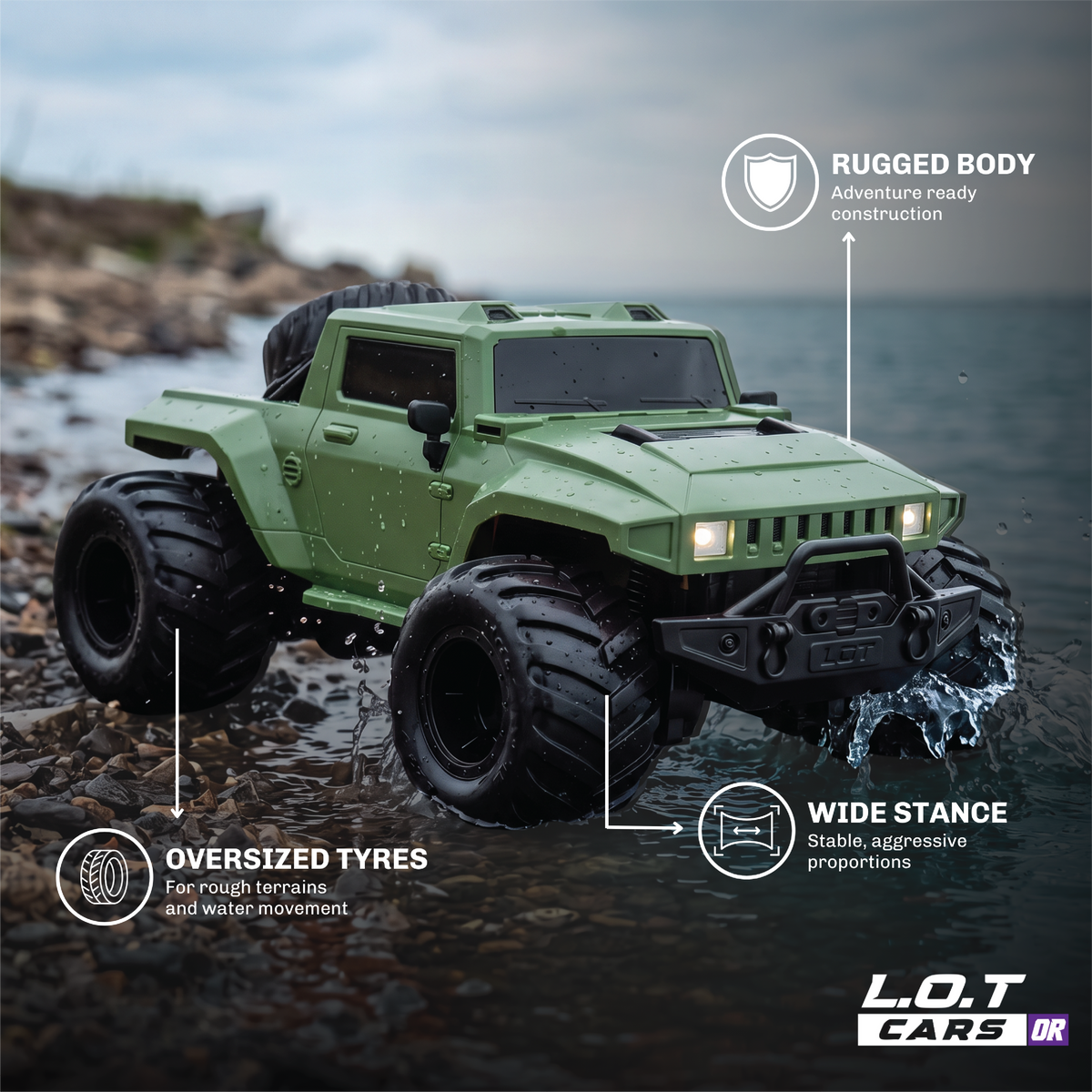 The green Gator on a rocky shore, with callouts for its rugged body, oversized tyres and wide stance