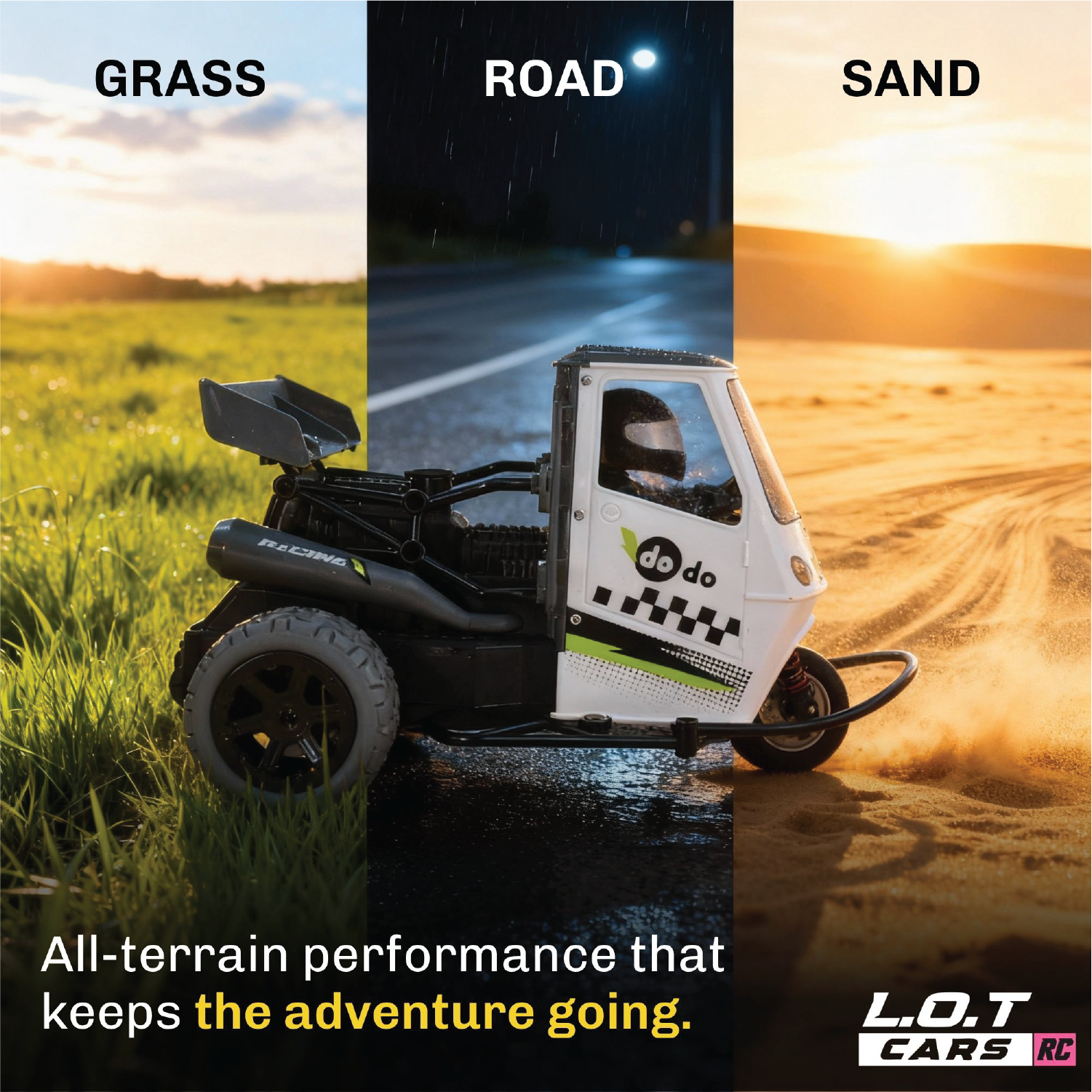 Model RC car on grass, road, and sand with 'L.O.T Cars' branding.