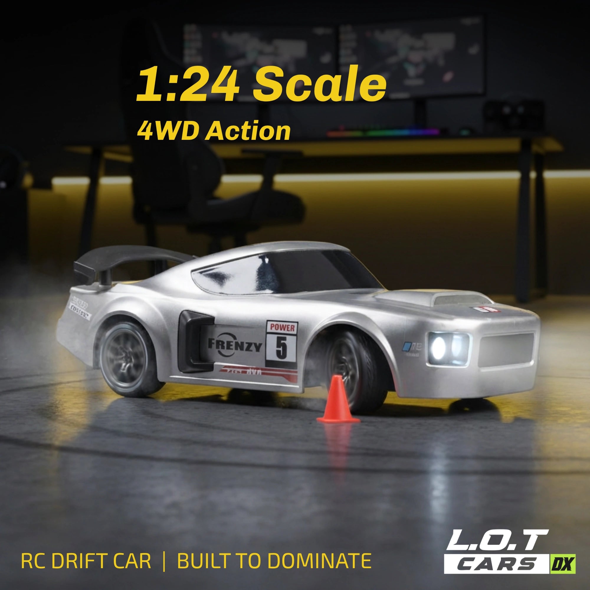 RC car with '1:24 Scale 4WD Action' text on a dark background