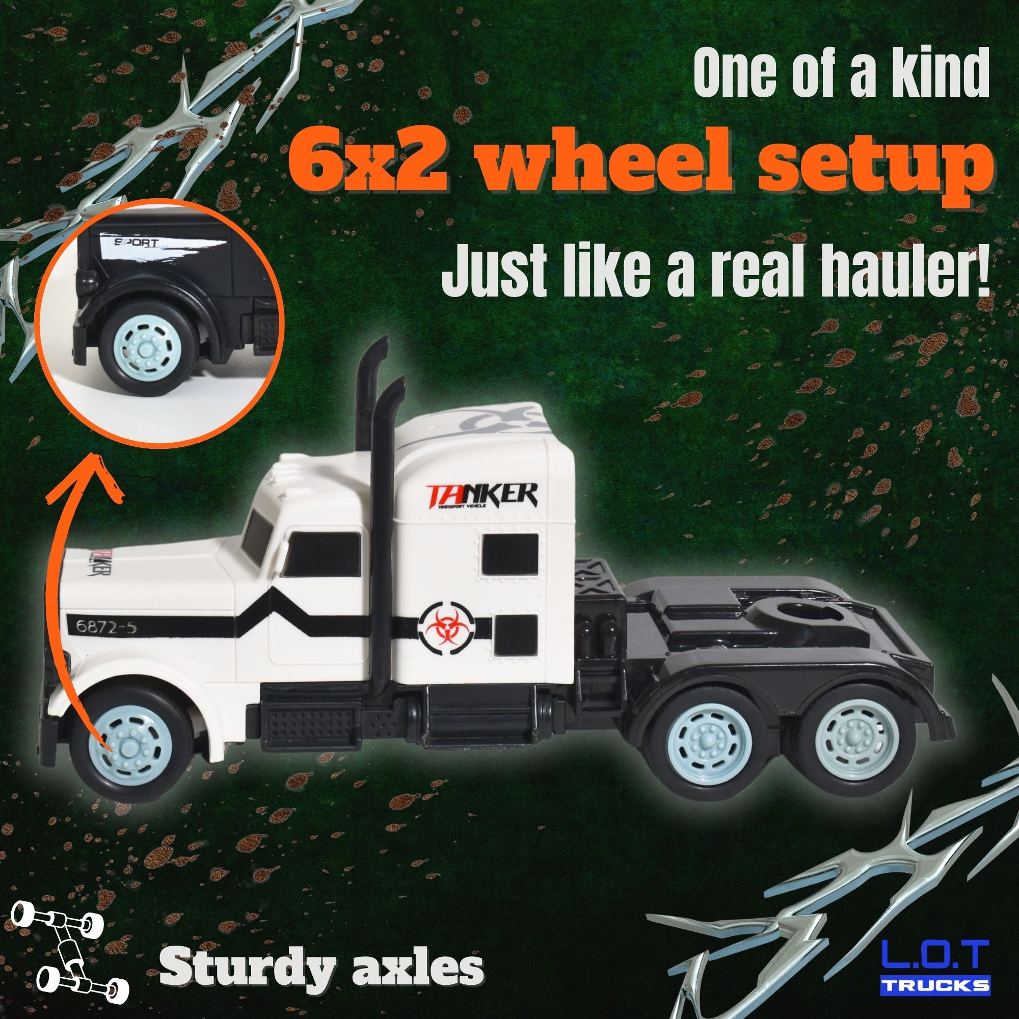 White RC truck with 6x2 wheel setup on a dark background