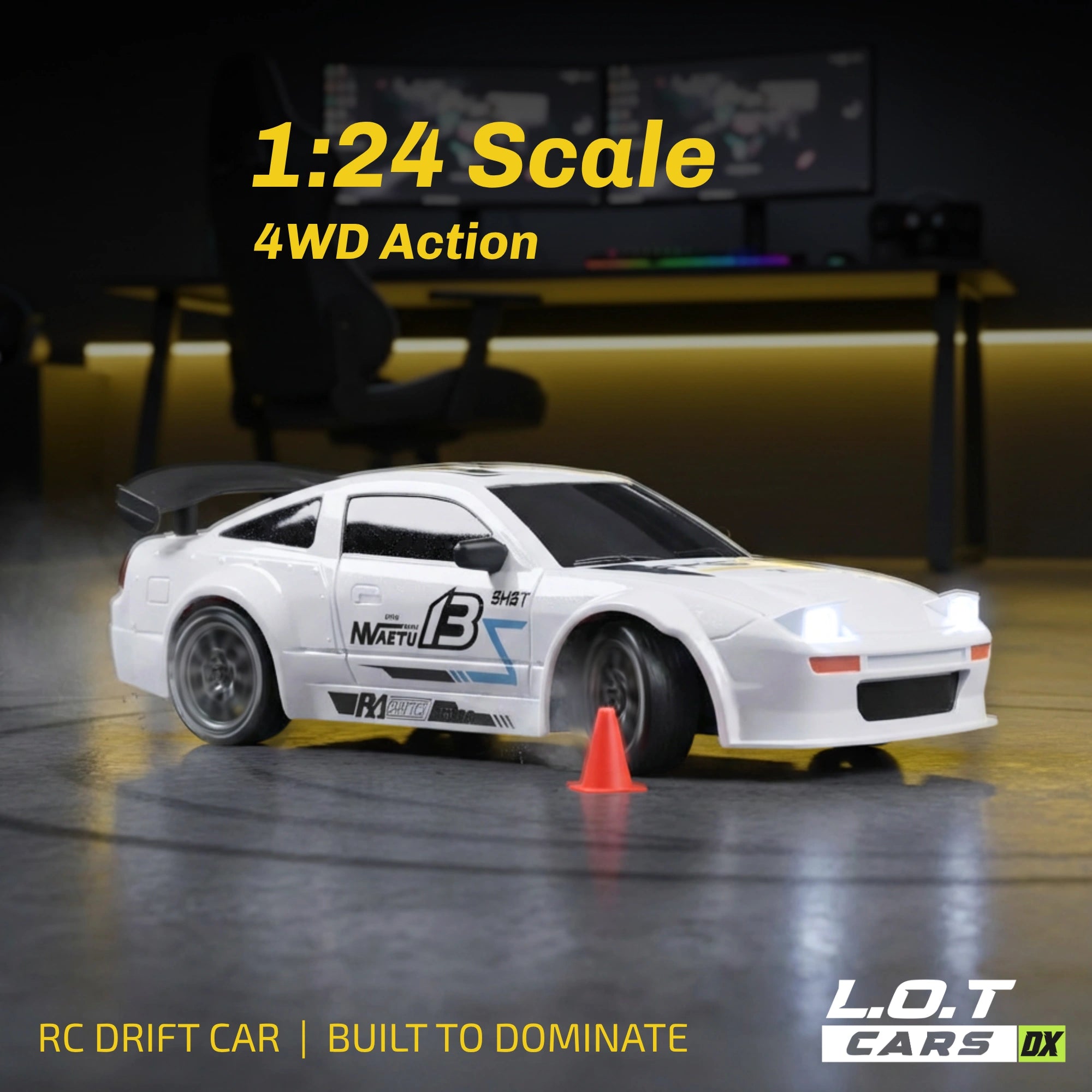 1:24 scale RC drift car with 4WD action on a dark background, featuring the brand 'L.O.T Cars'.