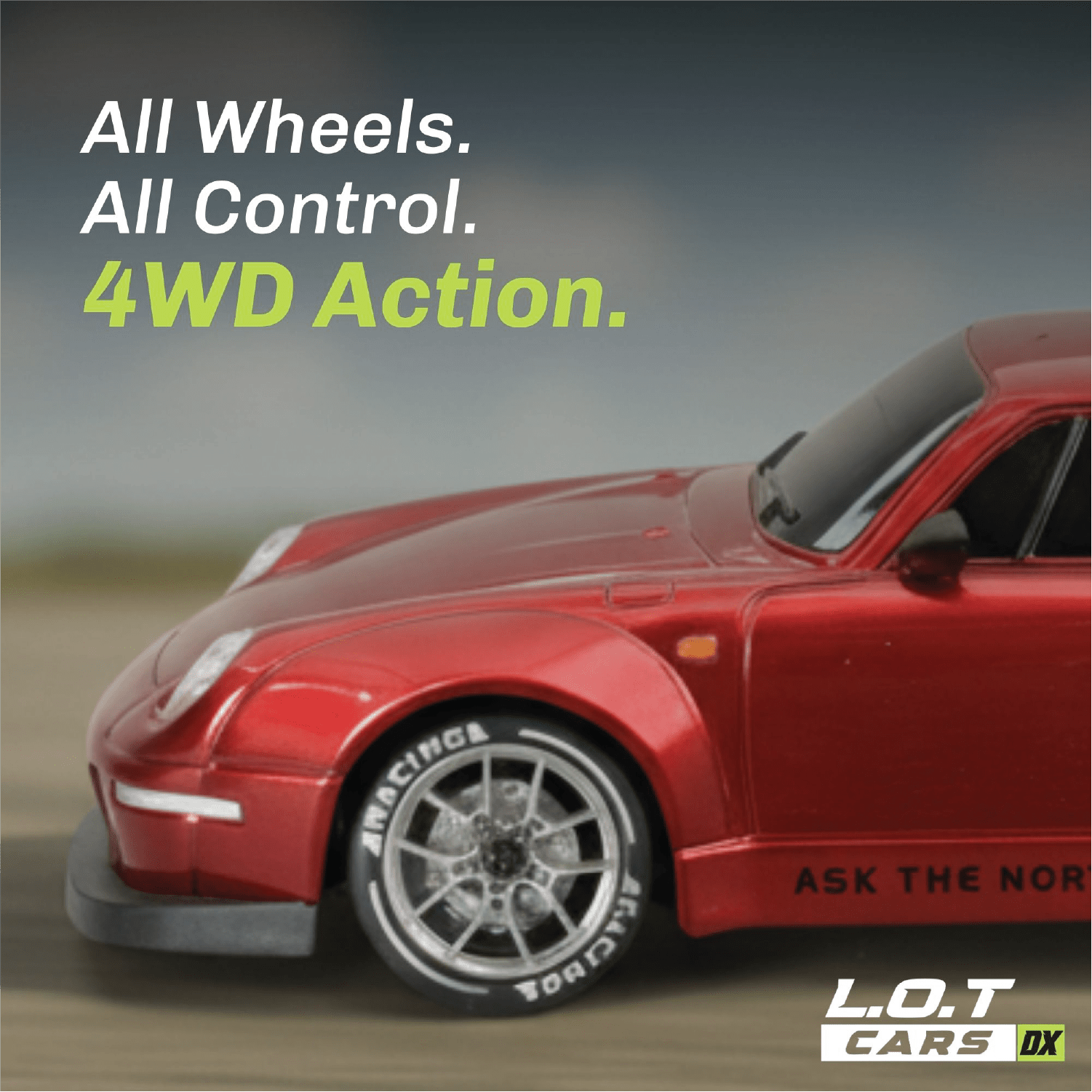 Red toy RC car with promotional text about 4WD action, brand 'L.O.T Cars' visible.
